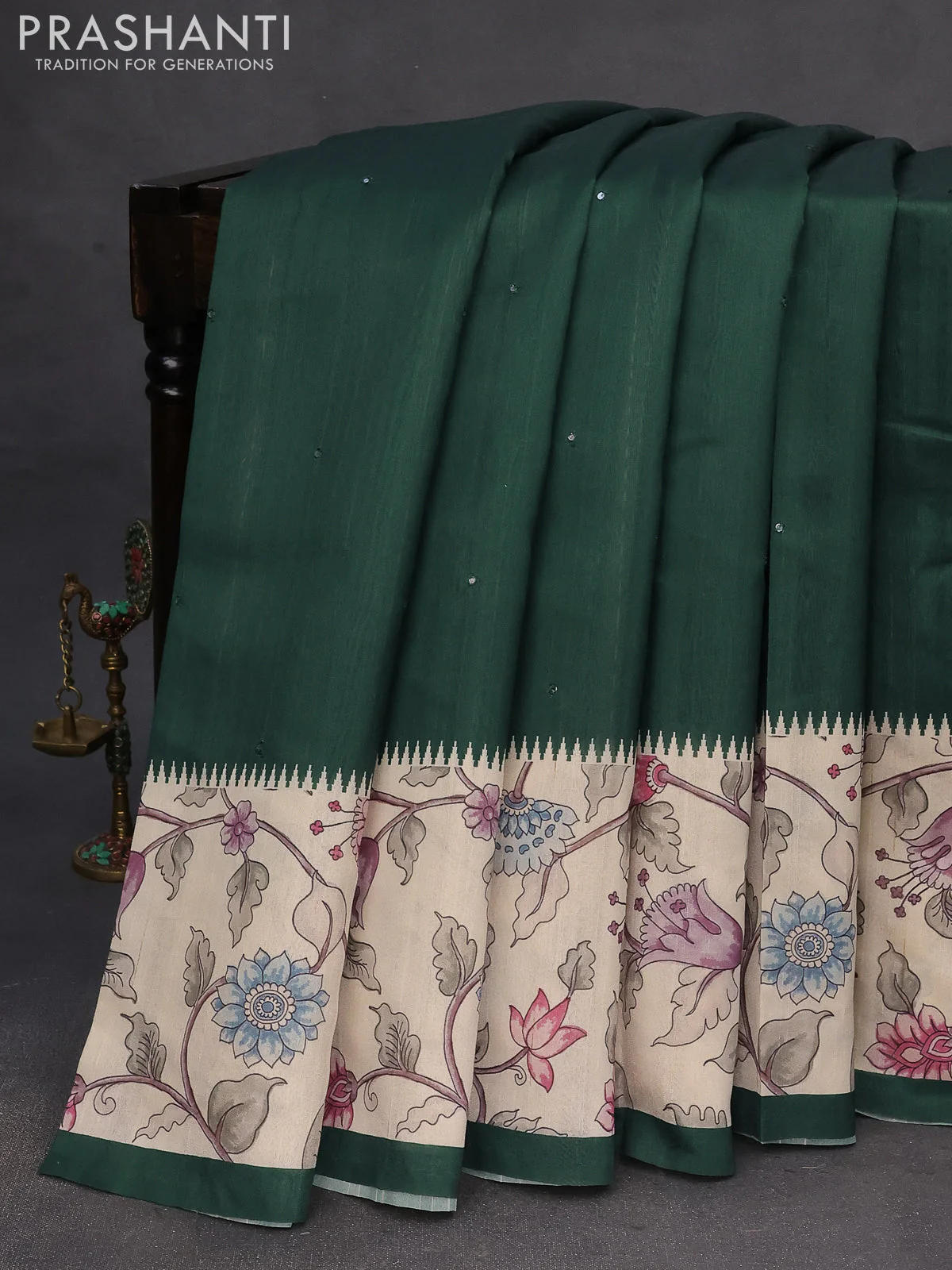 Semi tussar saree dark green and cream with allover mirror work and kalamkari printed border - Image 6
