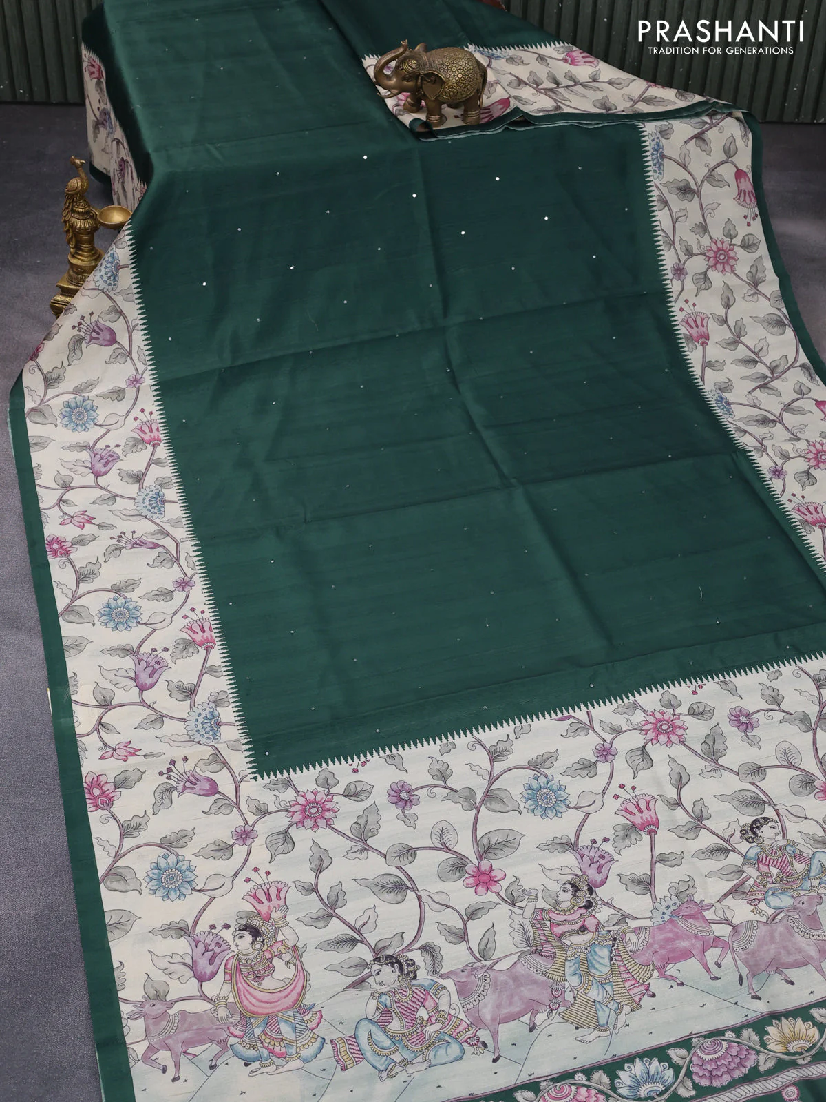 Semi tussar saree dark green and cream with allover mirror work and kalamkari printed border - Image 7
