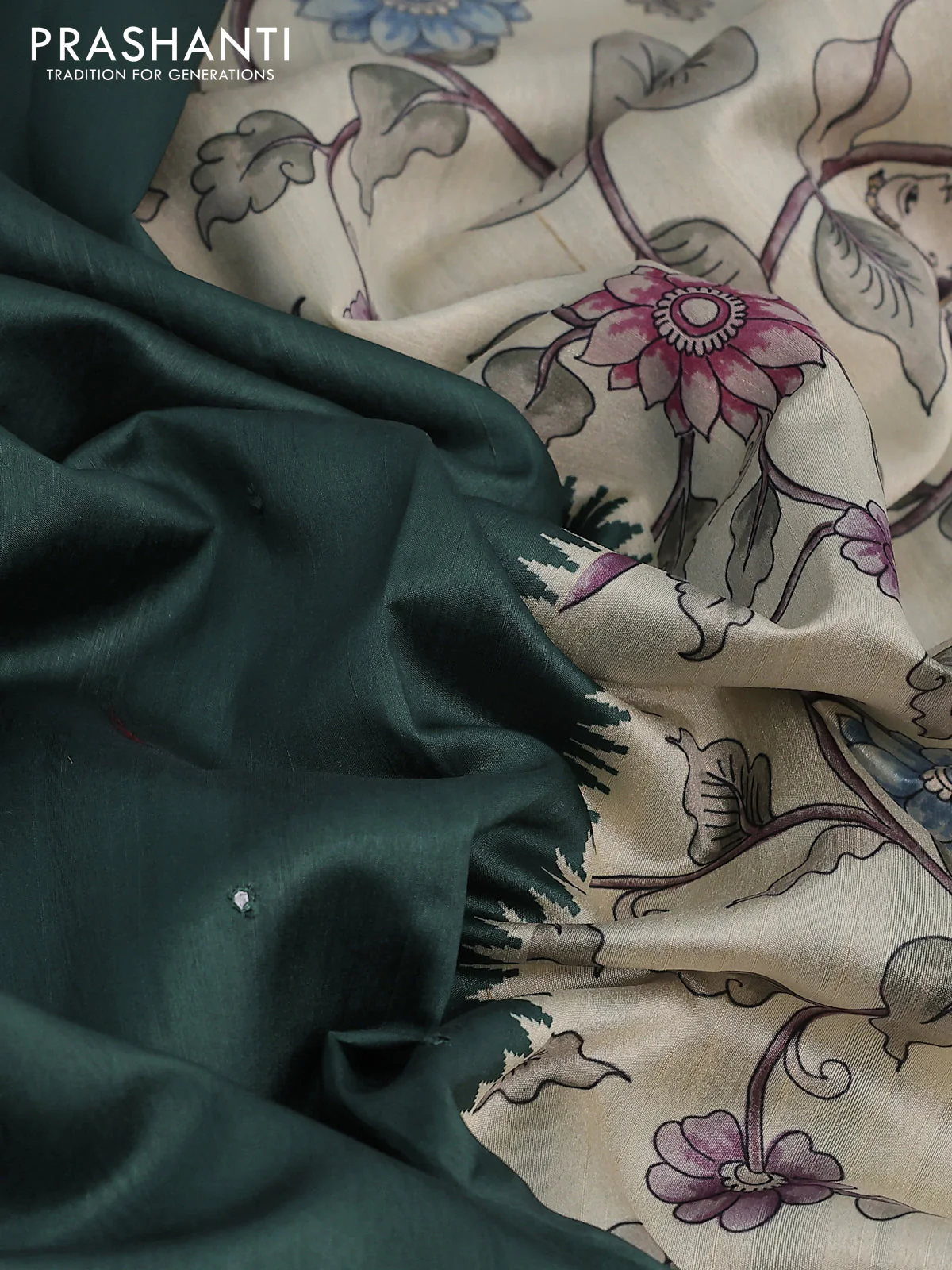 Semi tussar saree dark green and cream with allover mirror work and kalamkari printed border - Image 8