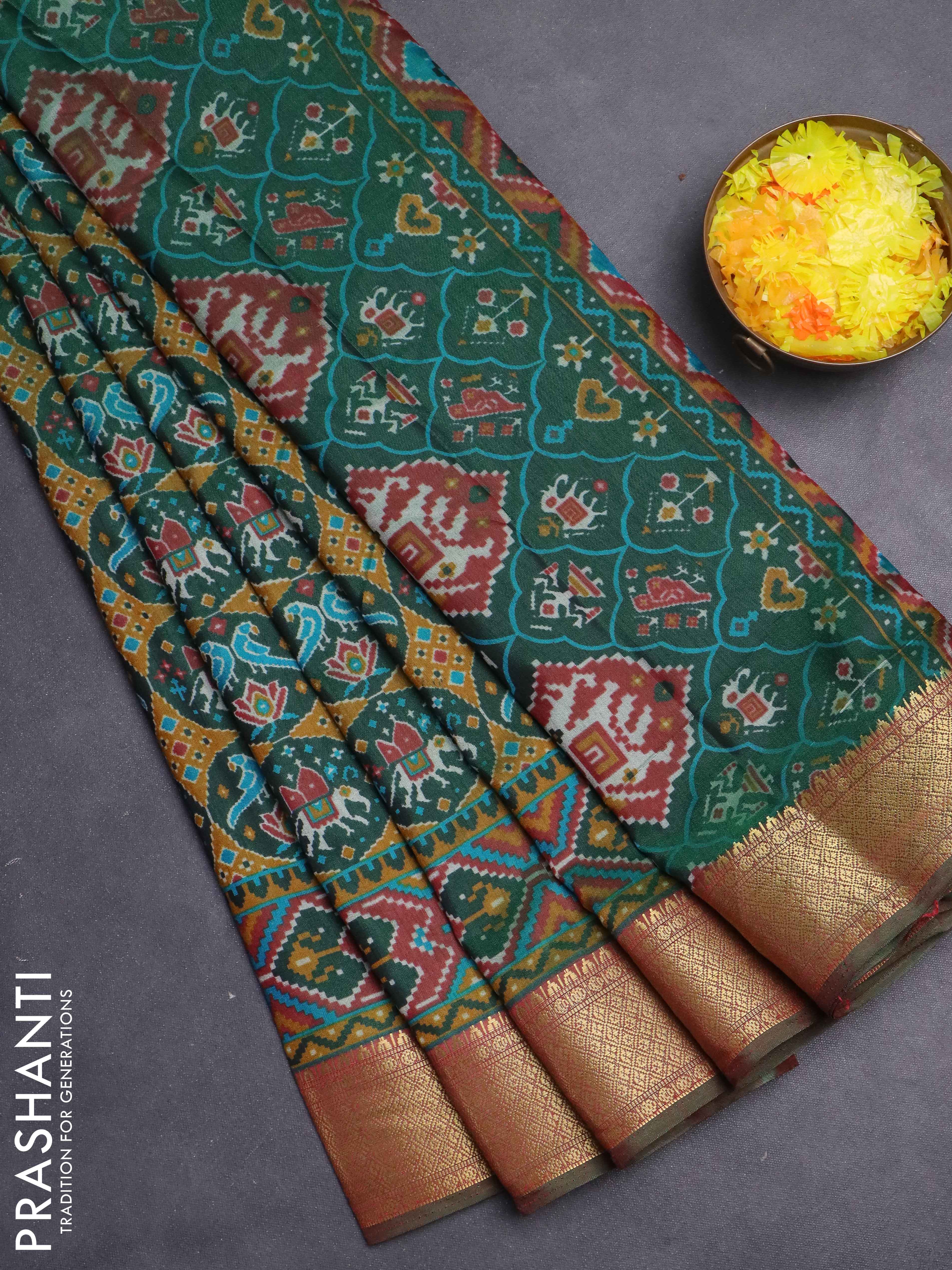 Semi tussar saree dark green and dual shade of maroon with allover ikat prints and zari woven border