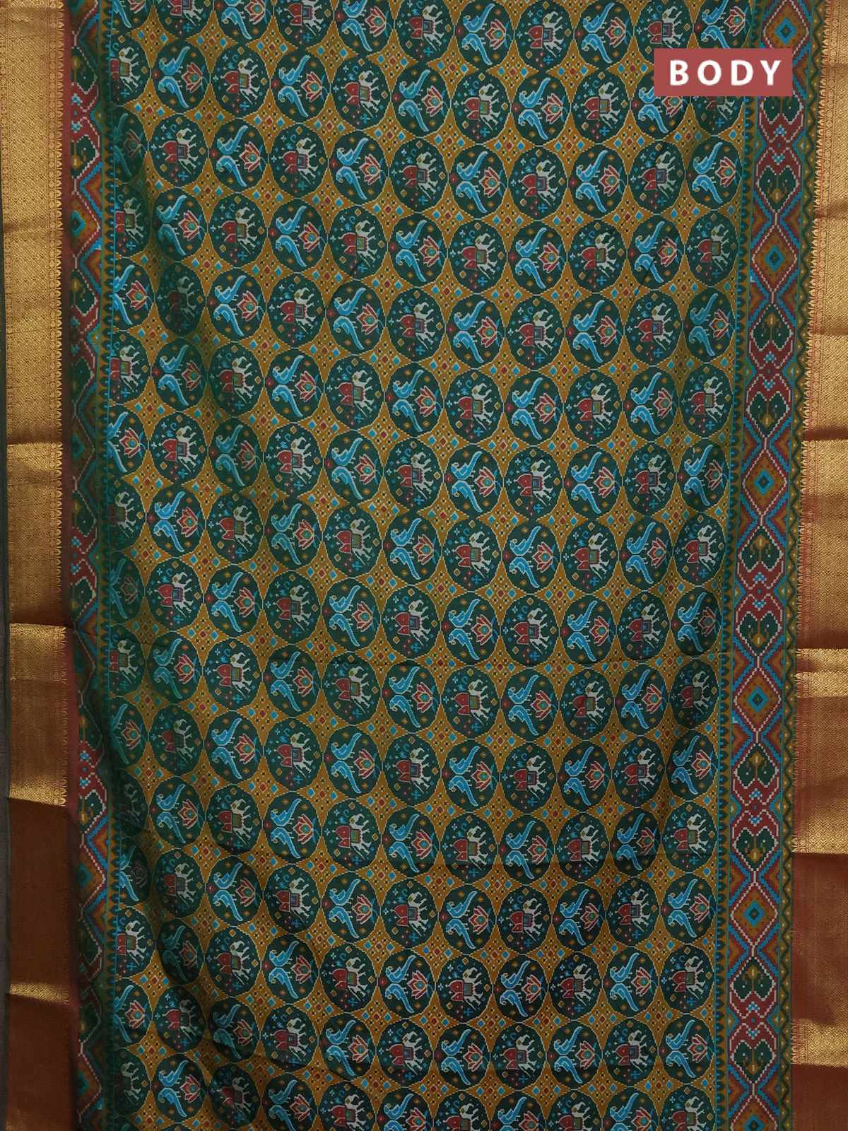 Semi tussar saree dark green and dual shade of maroon with allover ikat prints and zari woven border - Image 2