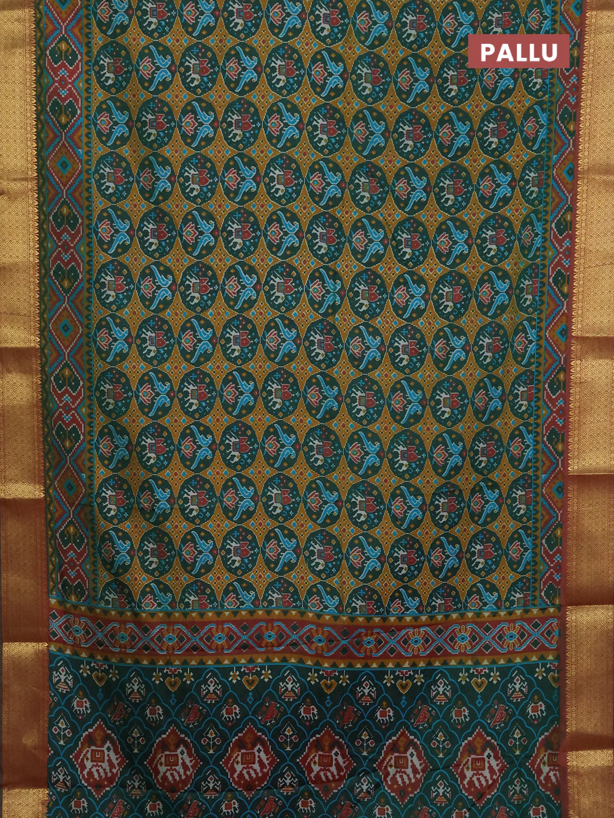 Semi tussar saree dark green and dual shade of maroon with allover ikat prints and zari woven border - Image 3