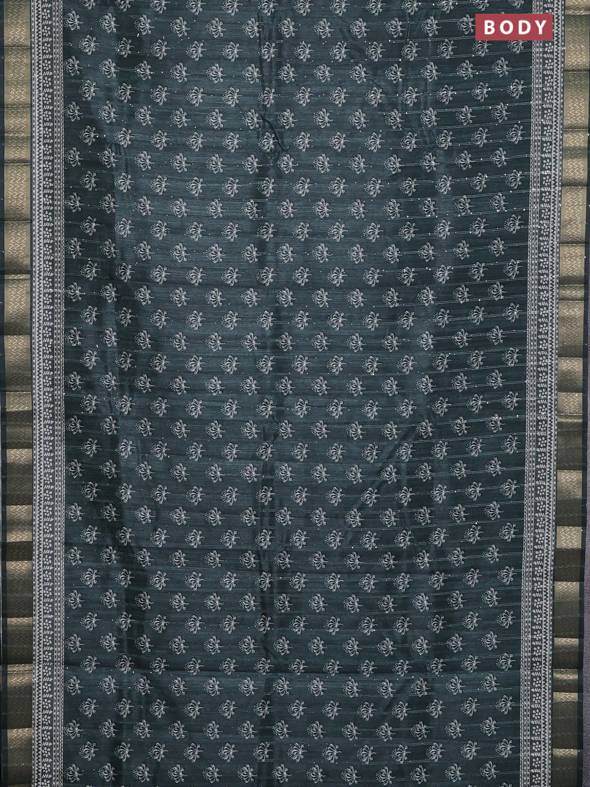 Semi tussar saree dark green with butta prints & sequin work and zari woven border - Image 2