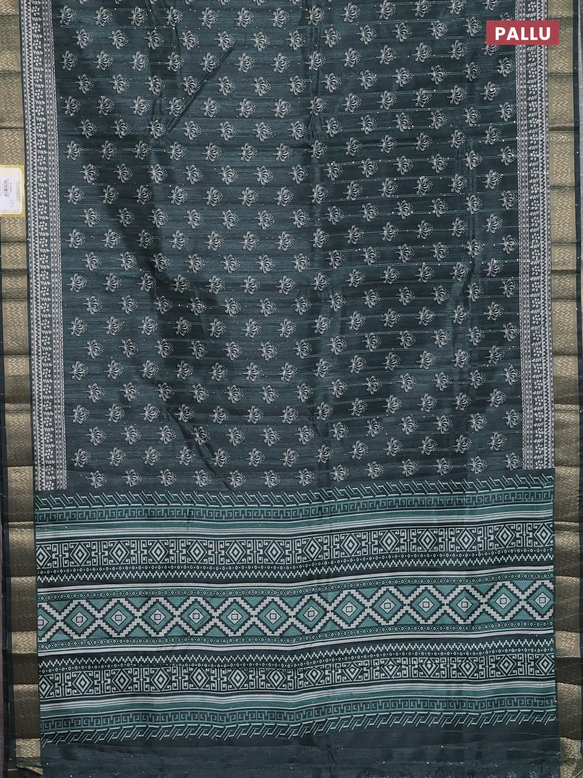 Semi tussar saree dark green with butta prints & sequin work and zari woven border - Image 3
