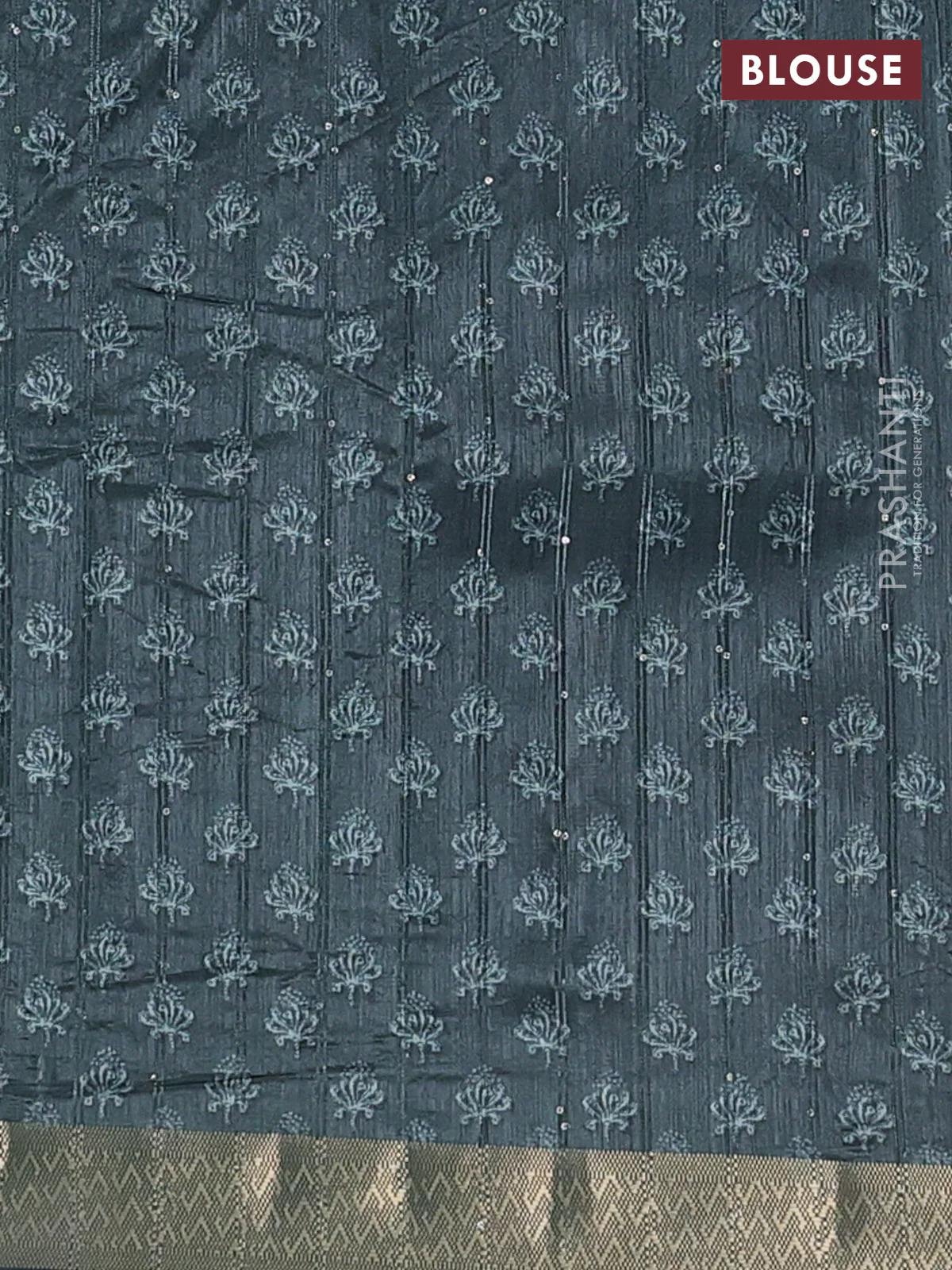 Semi tussar saree dark green with butta prints & sequin work and zari woven border - Image 4