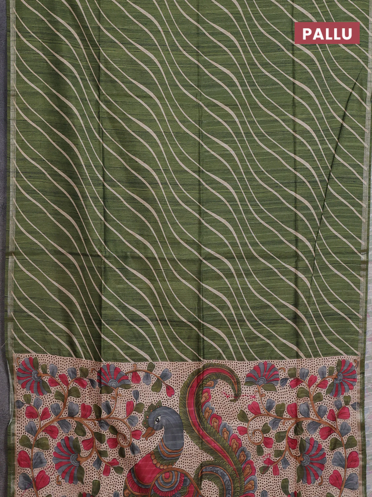 Semi tussar saree dark green with leheriya prints and kalamkari prints & cut work pallu - Image 3