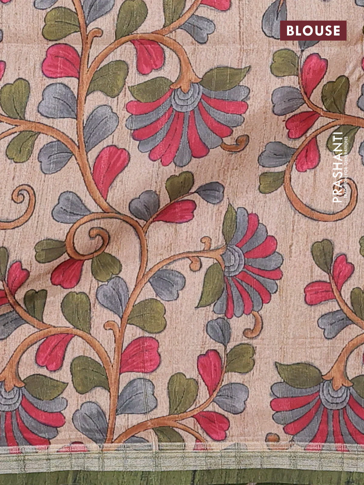 Semi tussar saree dark green with leheriya prints and kalamkari prints & cut work pallu - Image 4