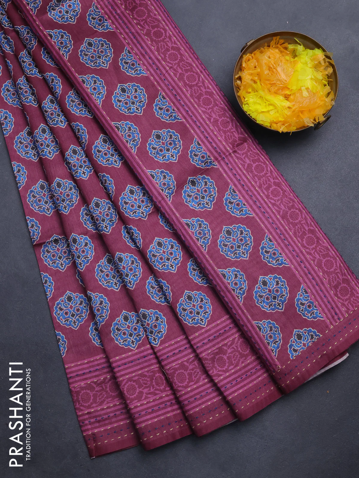 Semi tussar saree dark magenta pink with allover ajrakh butta prints and katha stitch work pallu & border