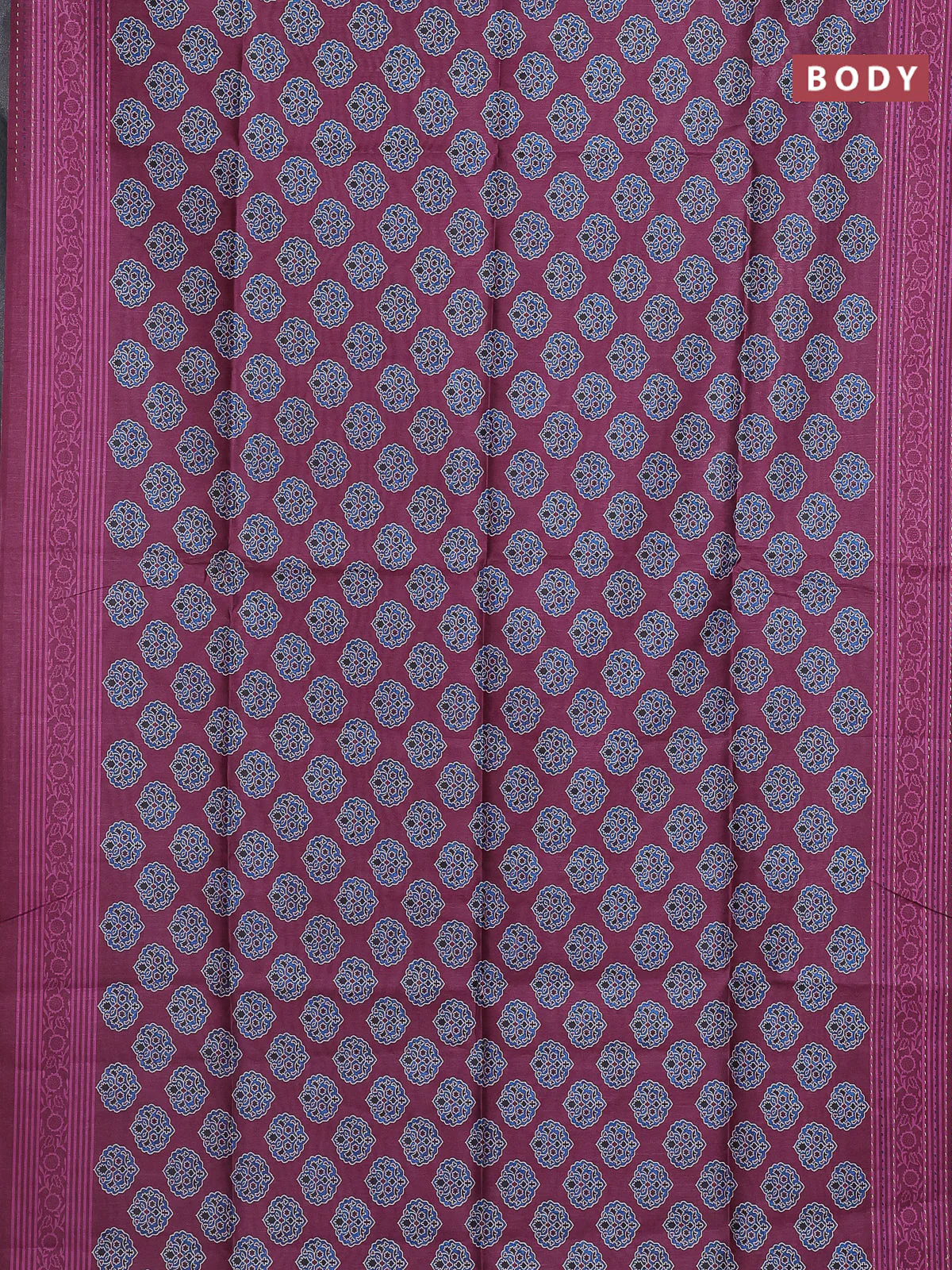 Semi tussar saree dark magenta pink with allover ajrakh butta prints and katha stitch work pallu & border - Image 2