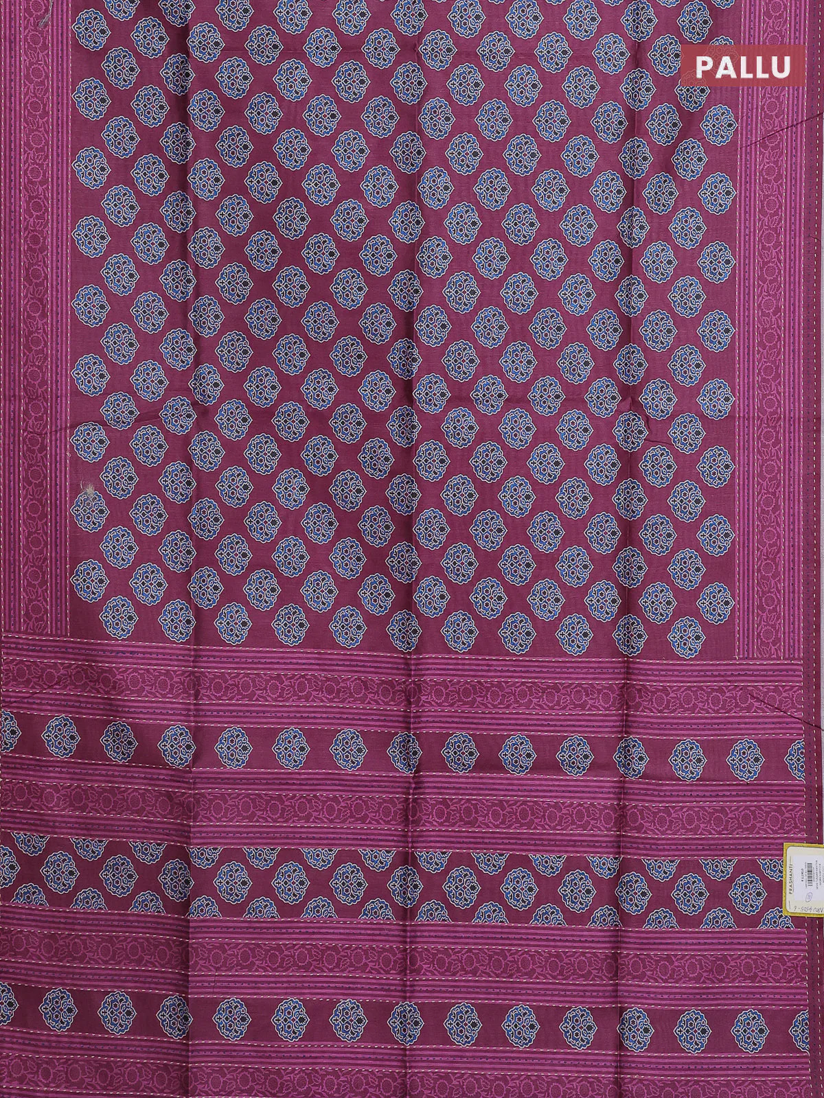Semi tussar saree dark magenta pink with allover ajrakh butta prints and katha stitch work pallu & border - Image 3