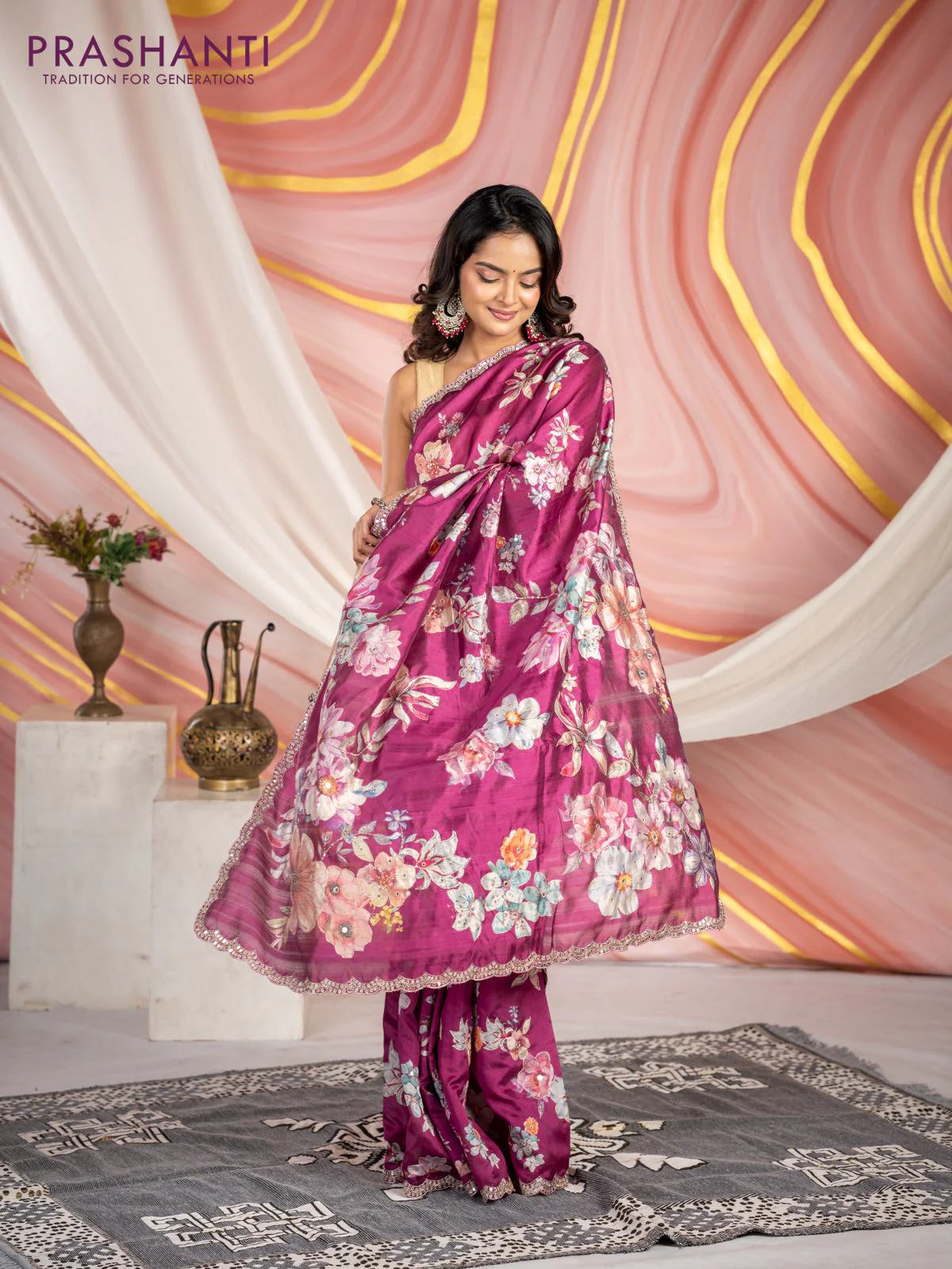 Semi tussar saree dark magenta with allover floral prints & mirror sequin work and mirror work border - Image 2