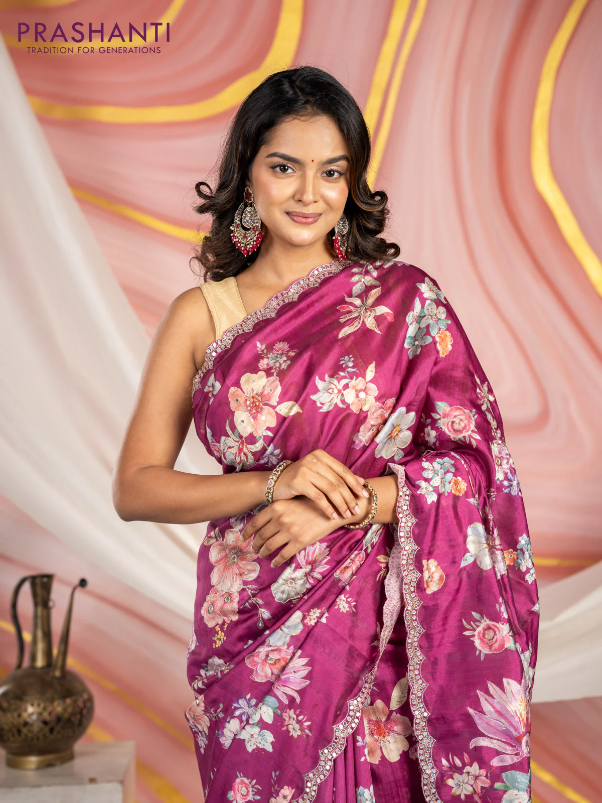 Semi tussar saree dark magenta with allover floral prints & mirror sequin work and mirror work border - Image 4