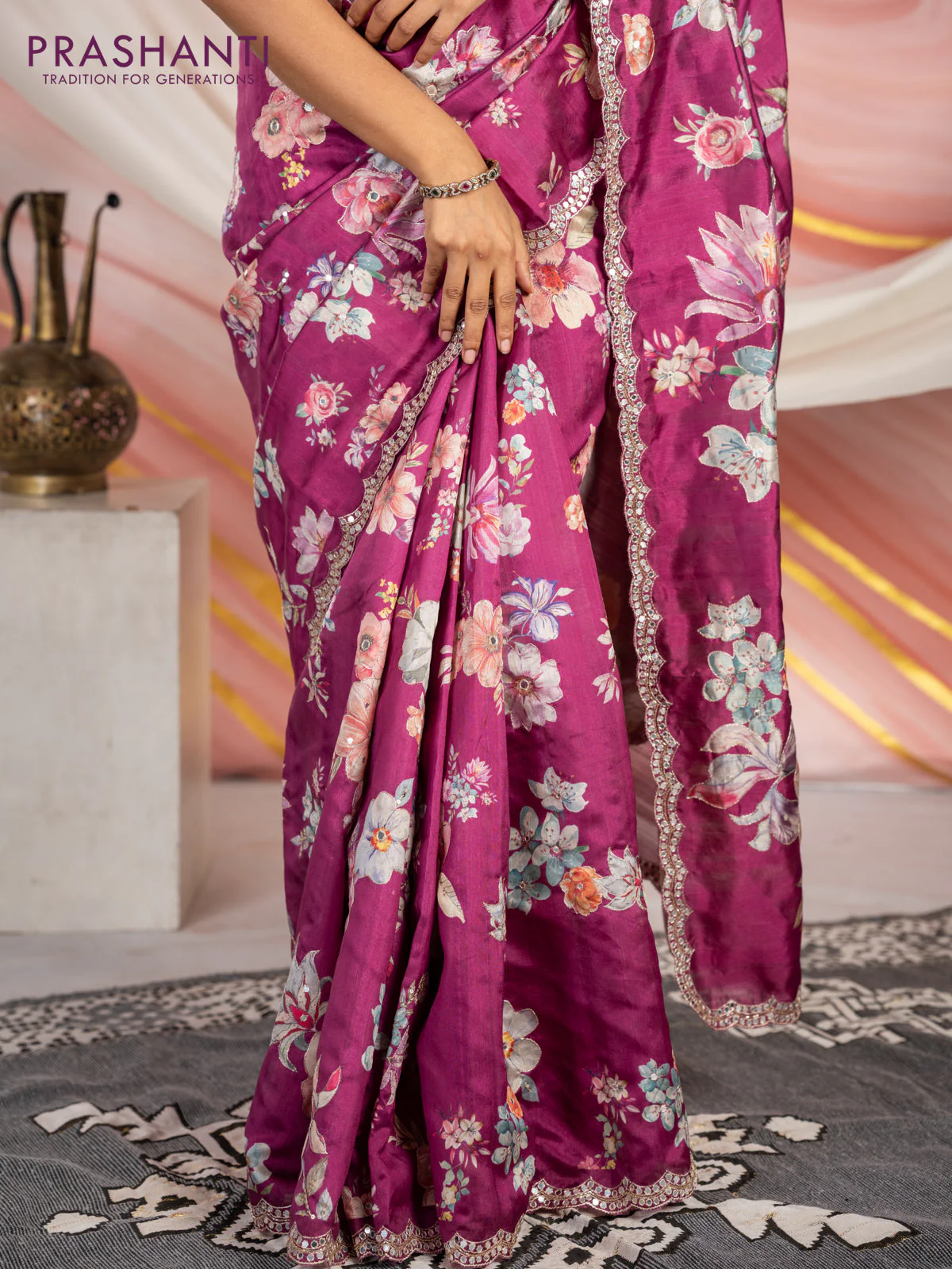 Semi tussar saree dark magenta with allover floral prints & mirror sequin work and mirror work border - Image 5