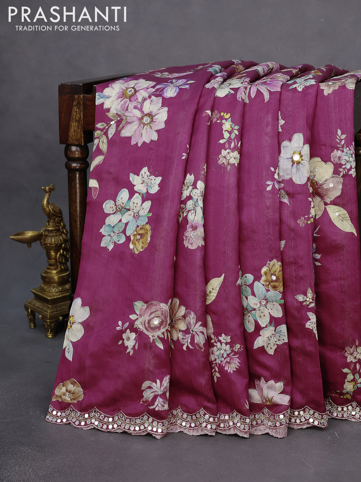 Semi tussar saree dark magenta with allover floral prints & mirror sequin work and mirror work border - Image 6