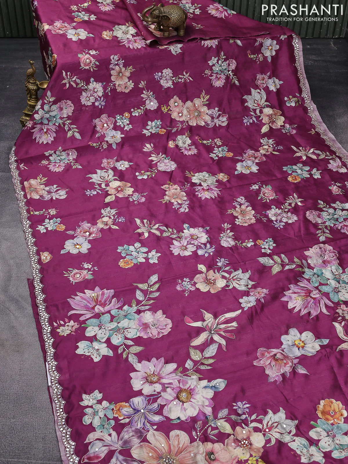 Semi tussar saree dark magenta with allover floral prints & mirror sequin work and mirror work border - Image 7