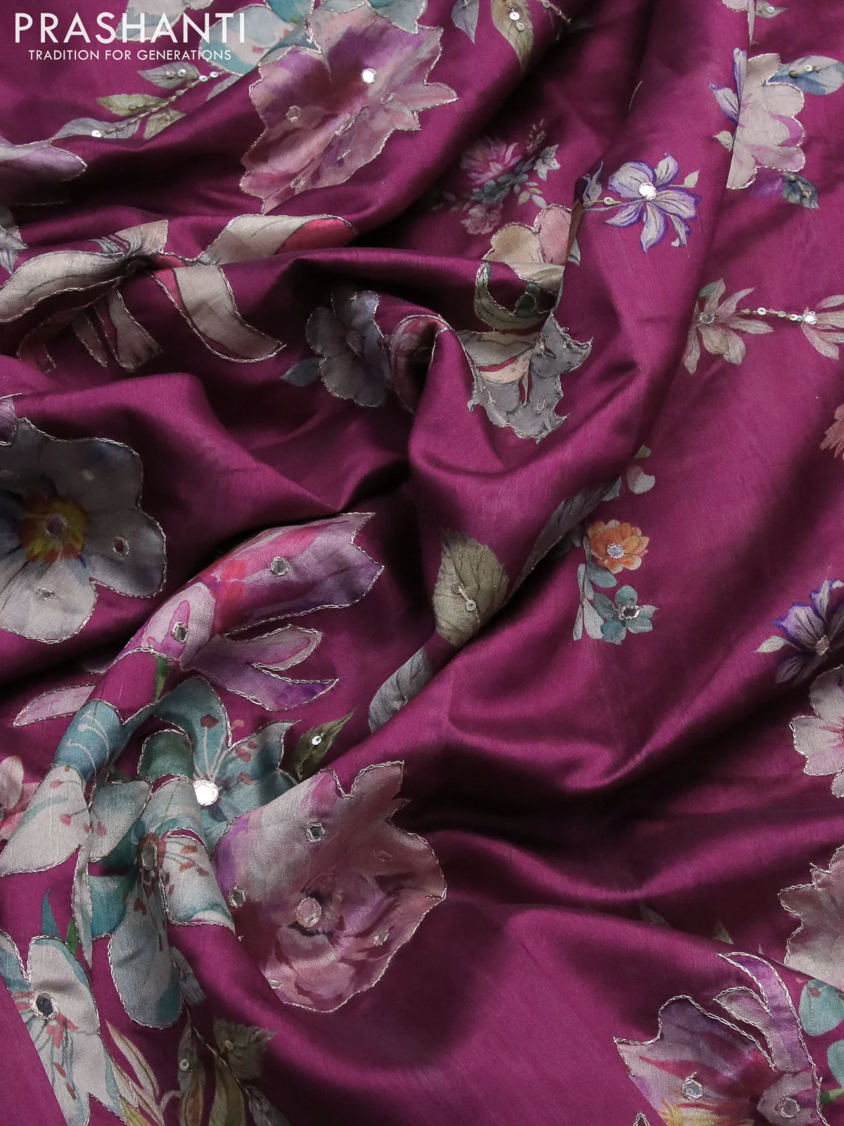 Semi tussar saree dark magenta with allover floral prints & mirror sequin work and mirror work border - Image 8