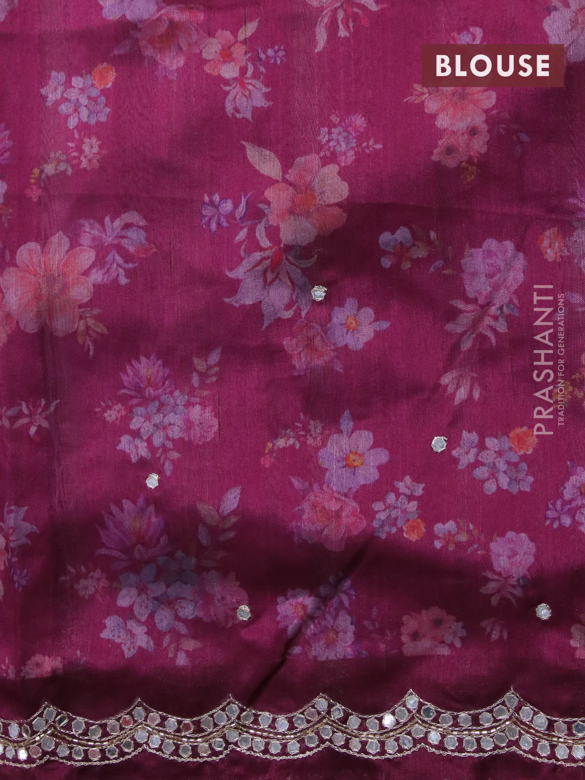 Semi tussar saree dark magenta with allover floral prints & mirror sequin work and mirror work border - Image 9