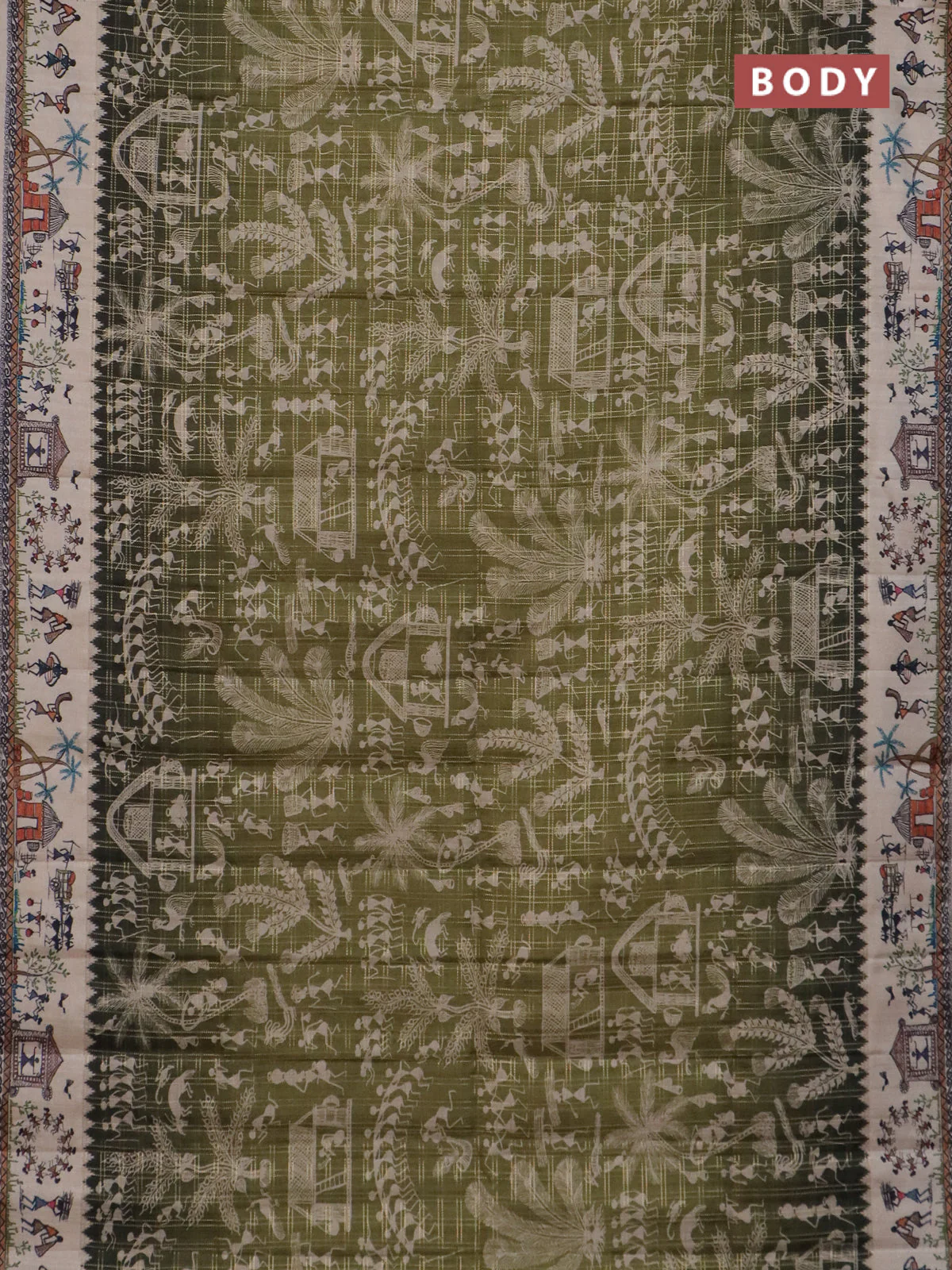 Semi tussar saree dark mehendi green and cream with allover zari checks & warli prints  and printed border - Image 2