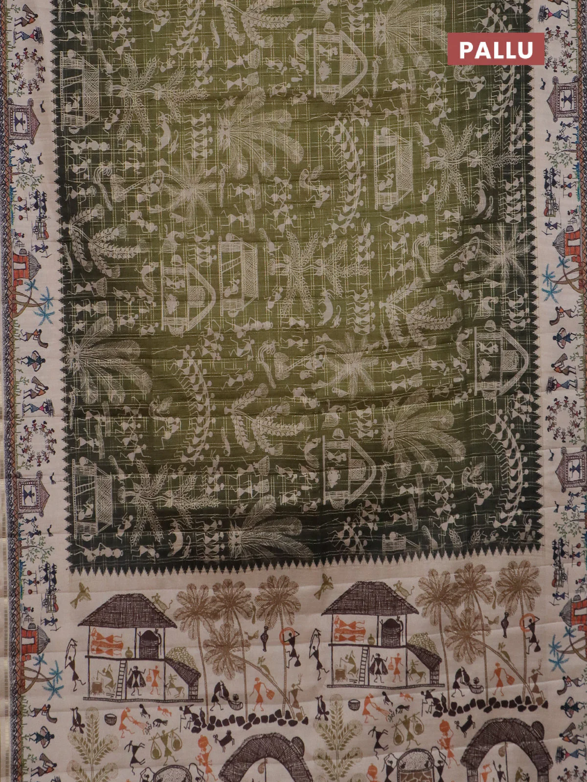 Semi tussar saree dark mehendi green and cream with allover zari checks & warli prints  and printed border - Image 3