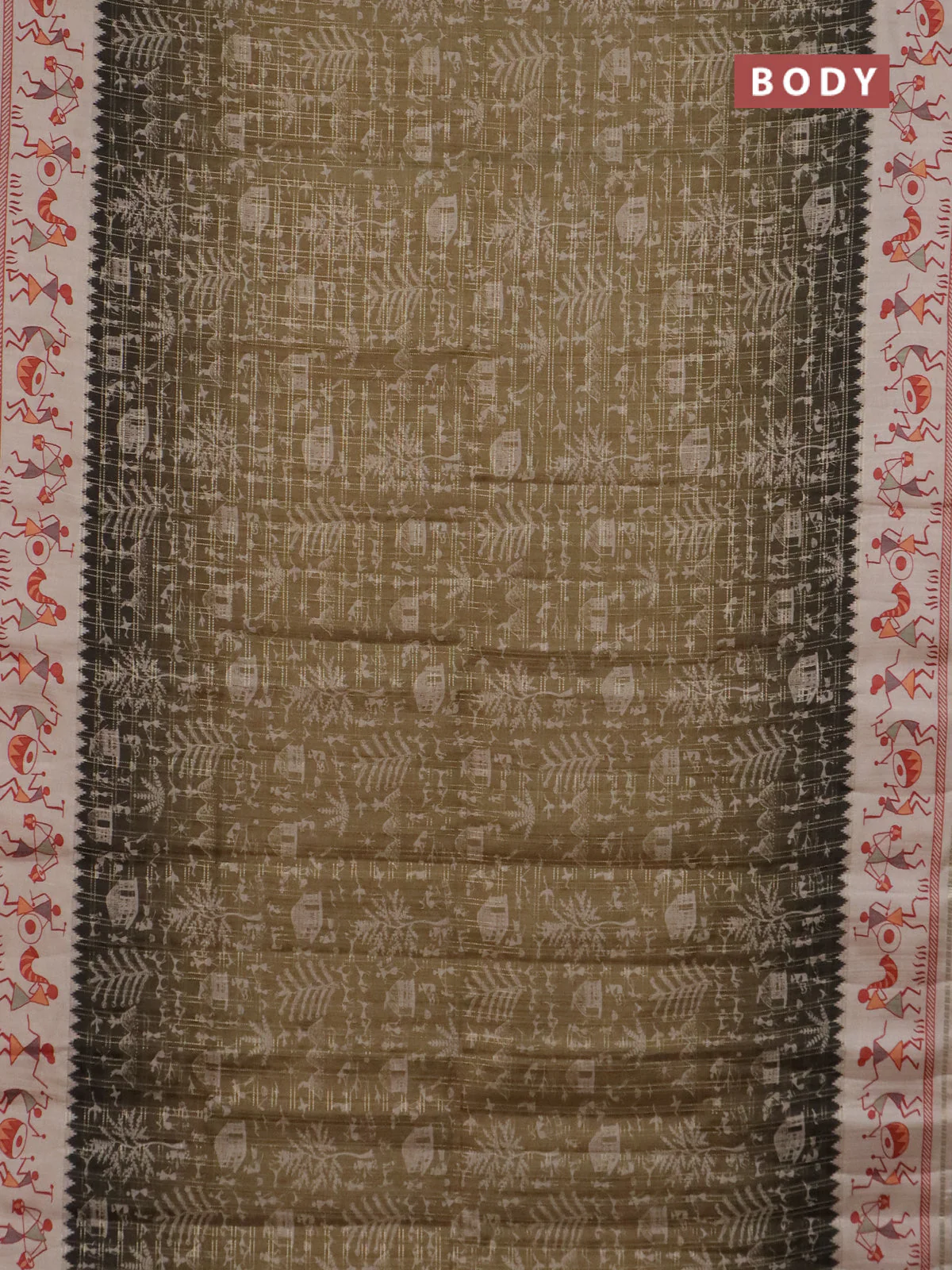 Semi tussar saree dark mehendi green and cream with allover zari checks & warli prints  and printed border - Image 2