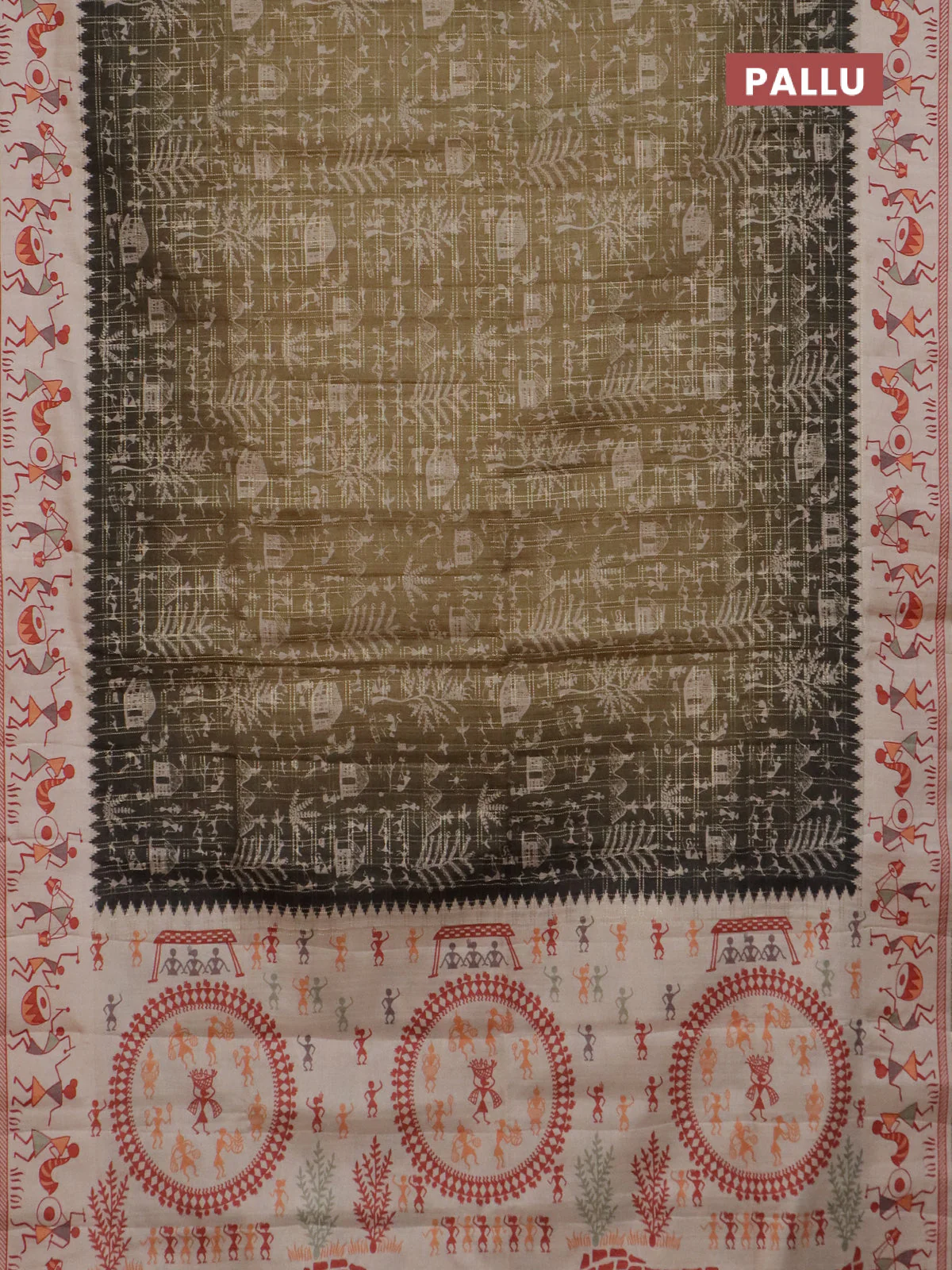 Semi tussar saree dark mehendi green and cream with allover zari checks & warli prints  and printed border - Image 3