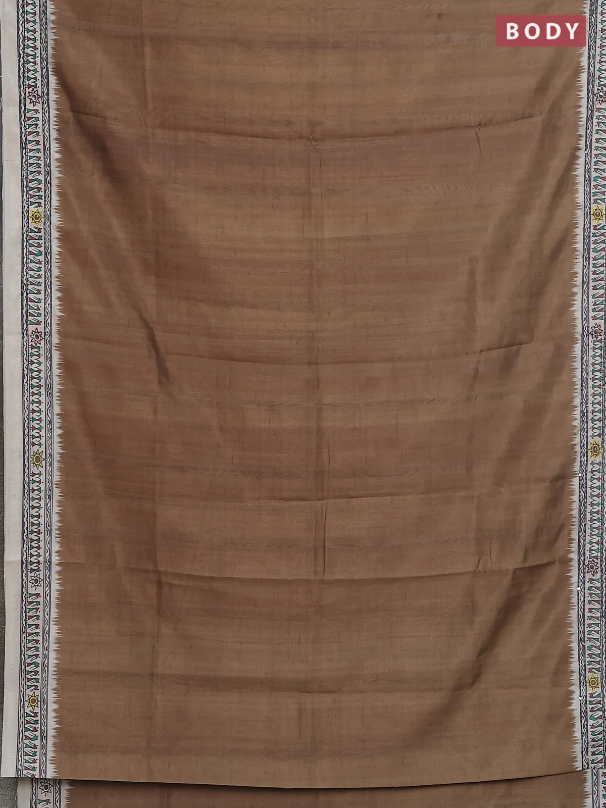 Semi tussar saree dark mehendi green and cream with plain body and warli prints kantha stitch work border - Image 2