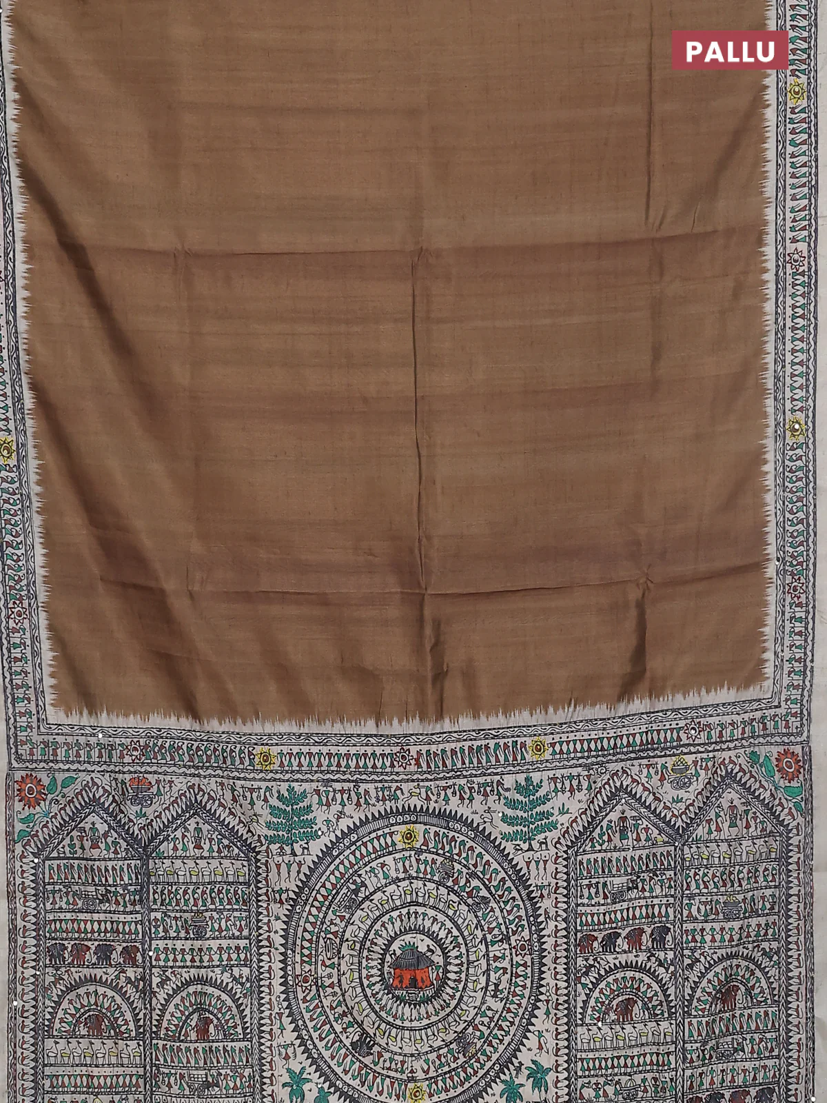 Semi tussar saree dark mehendi green and cream with plain body and warli prints kantha stitch work border - Image 3
