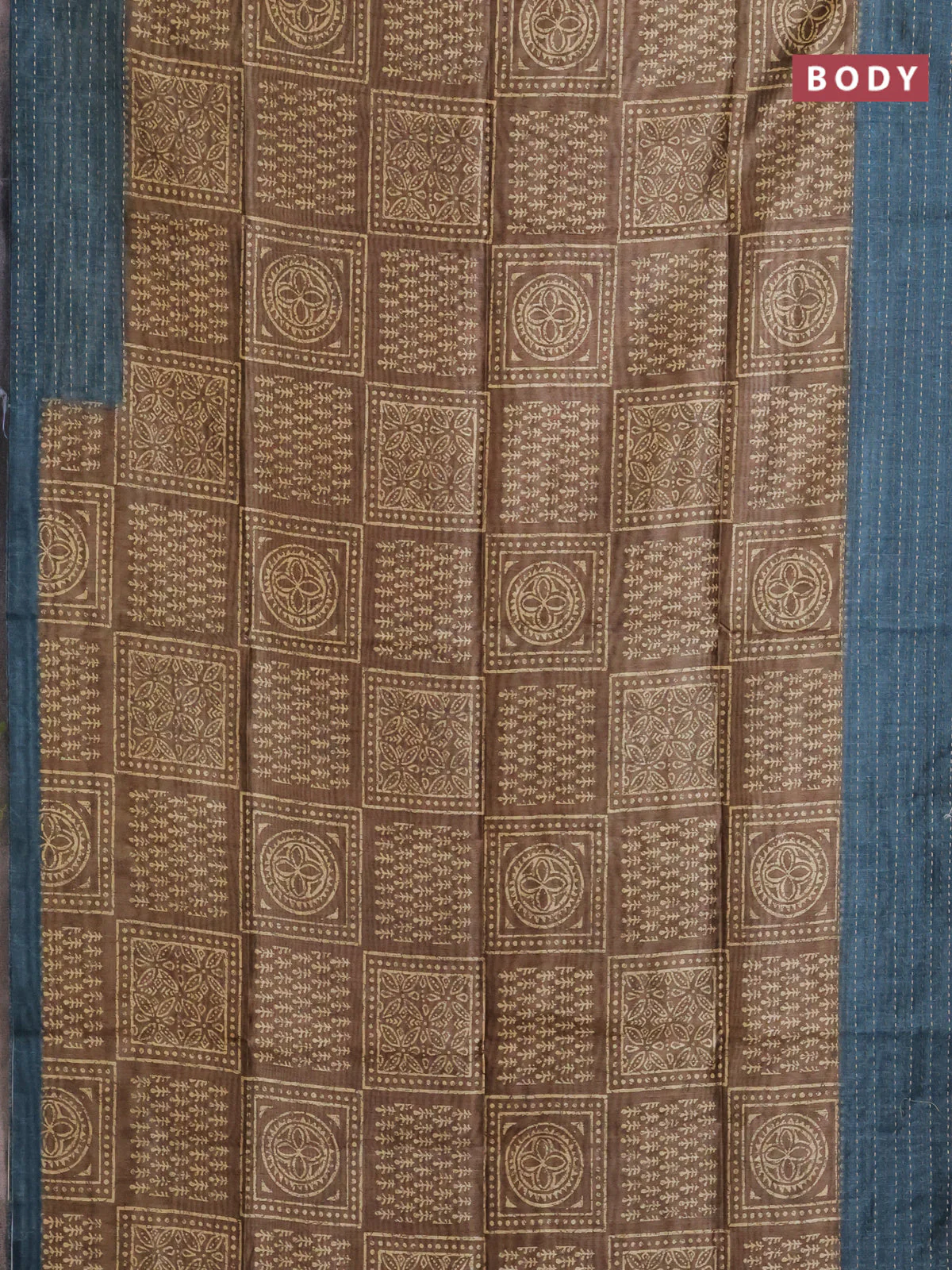 Semi tussar saree dark mehendi green and peacock blue with allover batik prints and katha stitch work pallu & border - Image 2