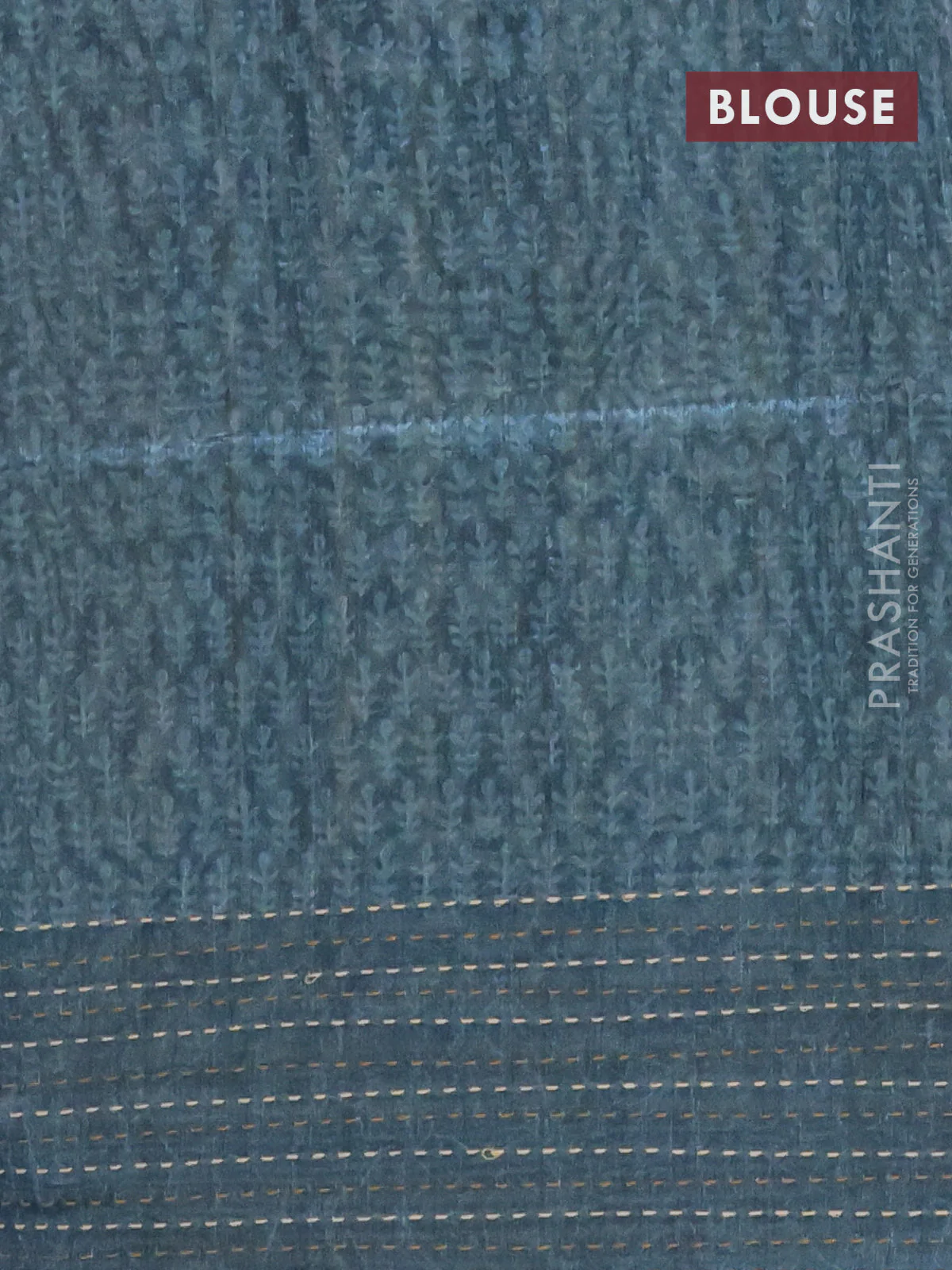 Semi tussar saree dark mehendi green and peacock blue with allover batik prints and katha stitch work pallu & border - Image 4
