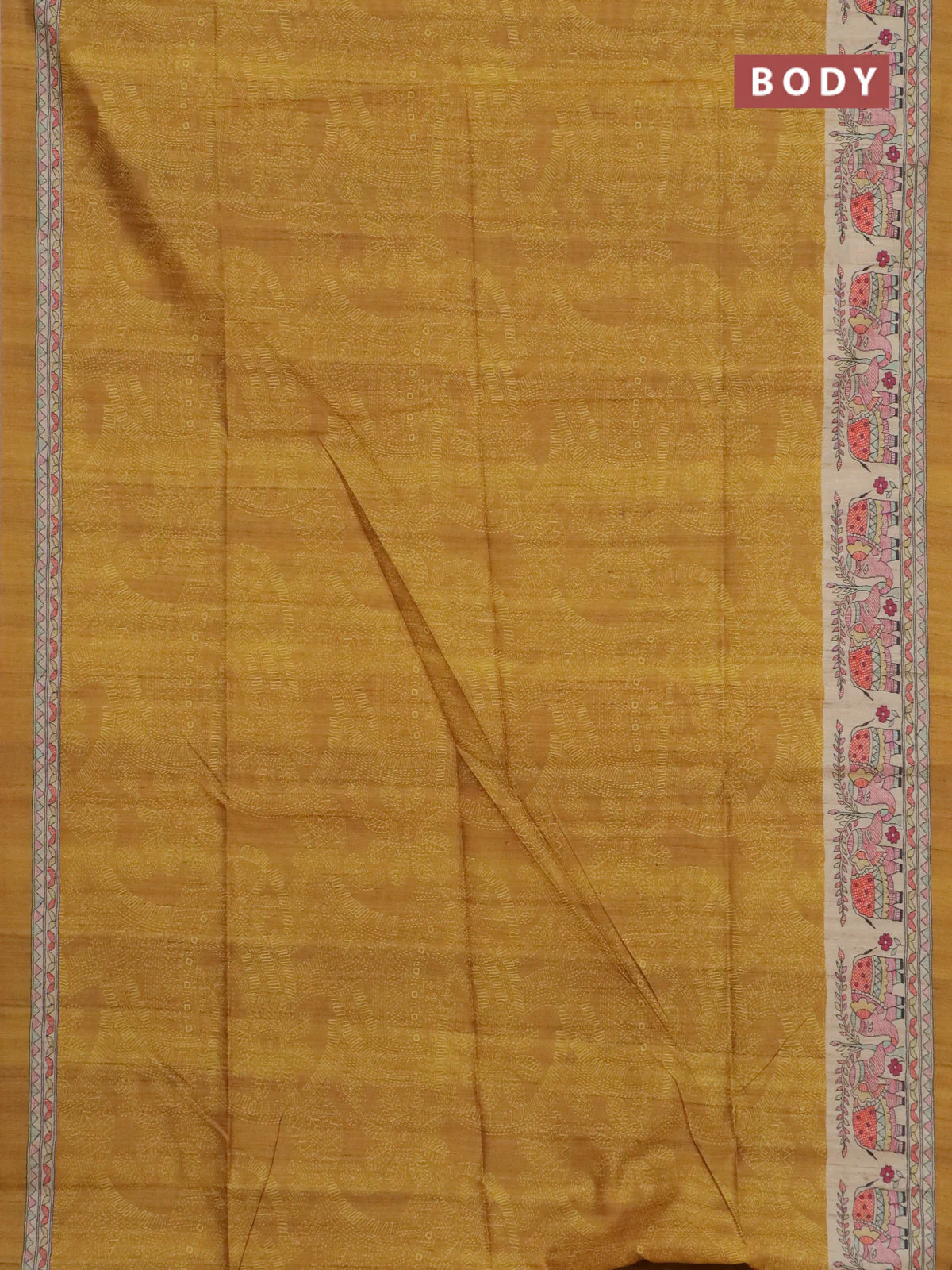 Semi tussar saree dark mustard and beige with allover prints and madhubani printed pallu & border - Image 2