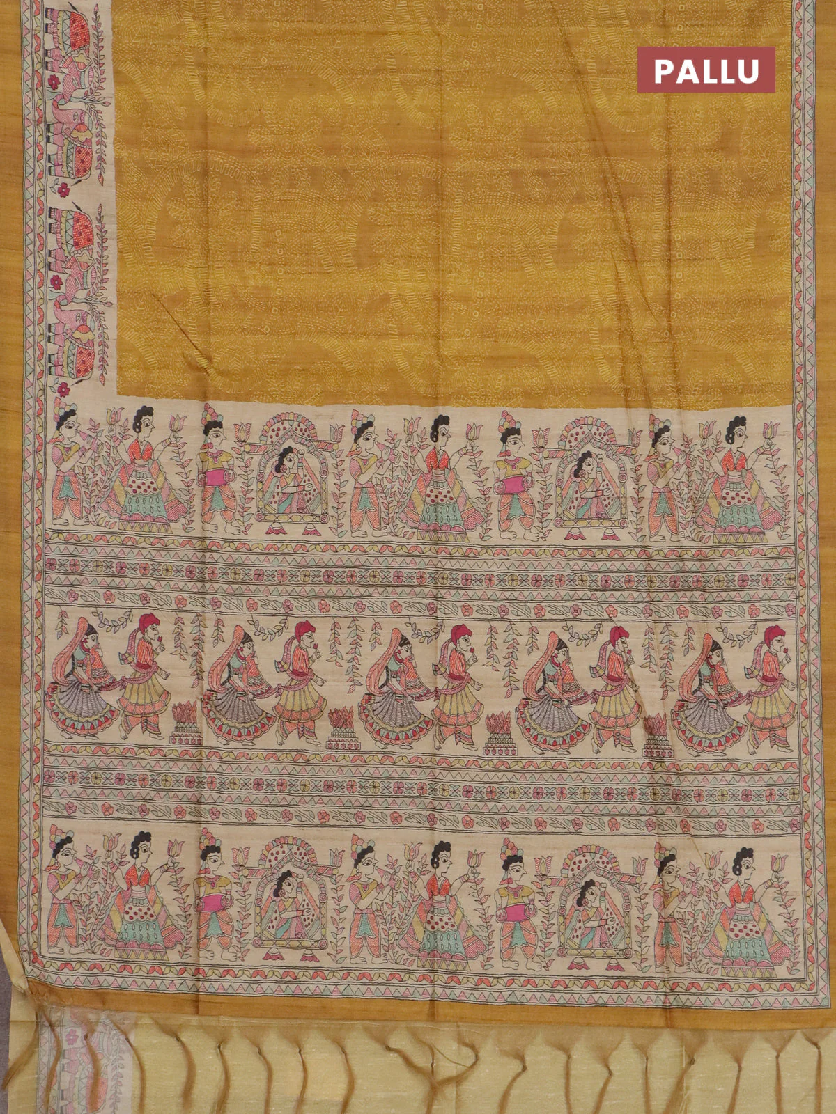 Semi tussar saree dark mustard and beige with allover prints and madhubani printed pallu & border - Image 3