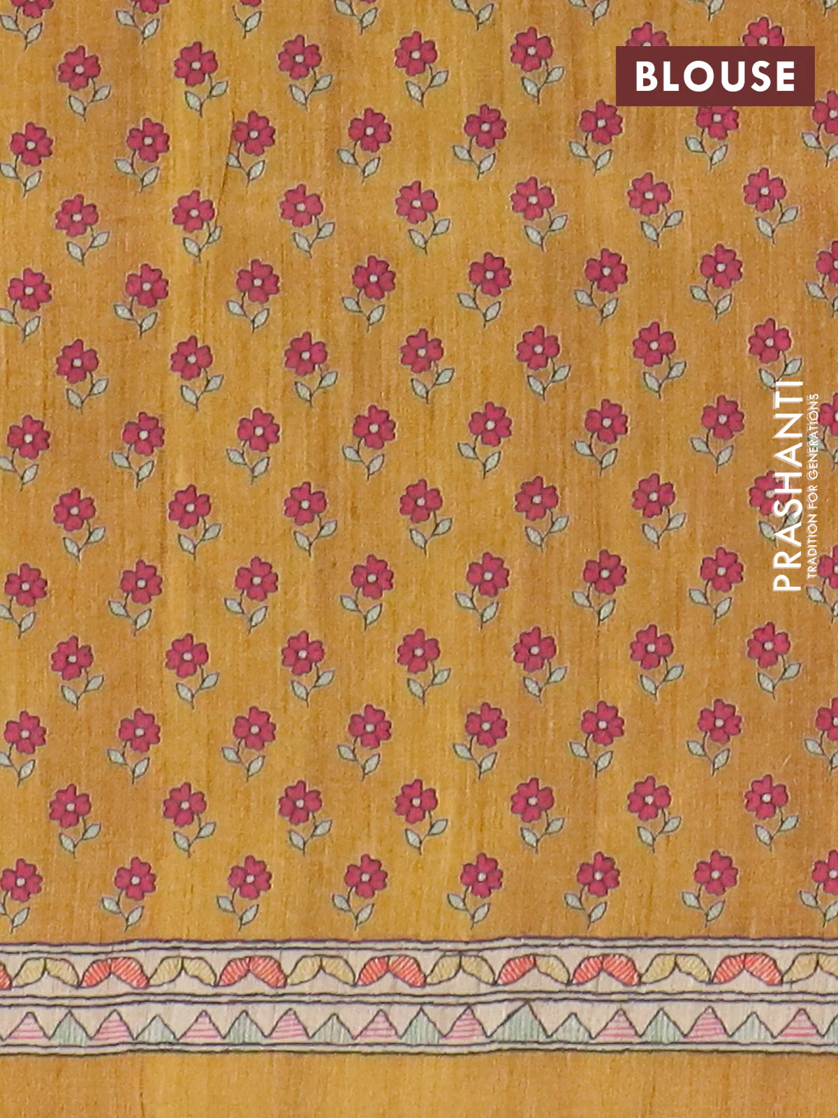 Semi tussar saree dark mustard and beige with allover prints and madhubani printed pallu & border - Image 4
