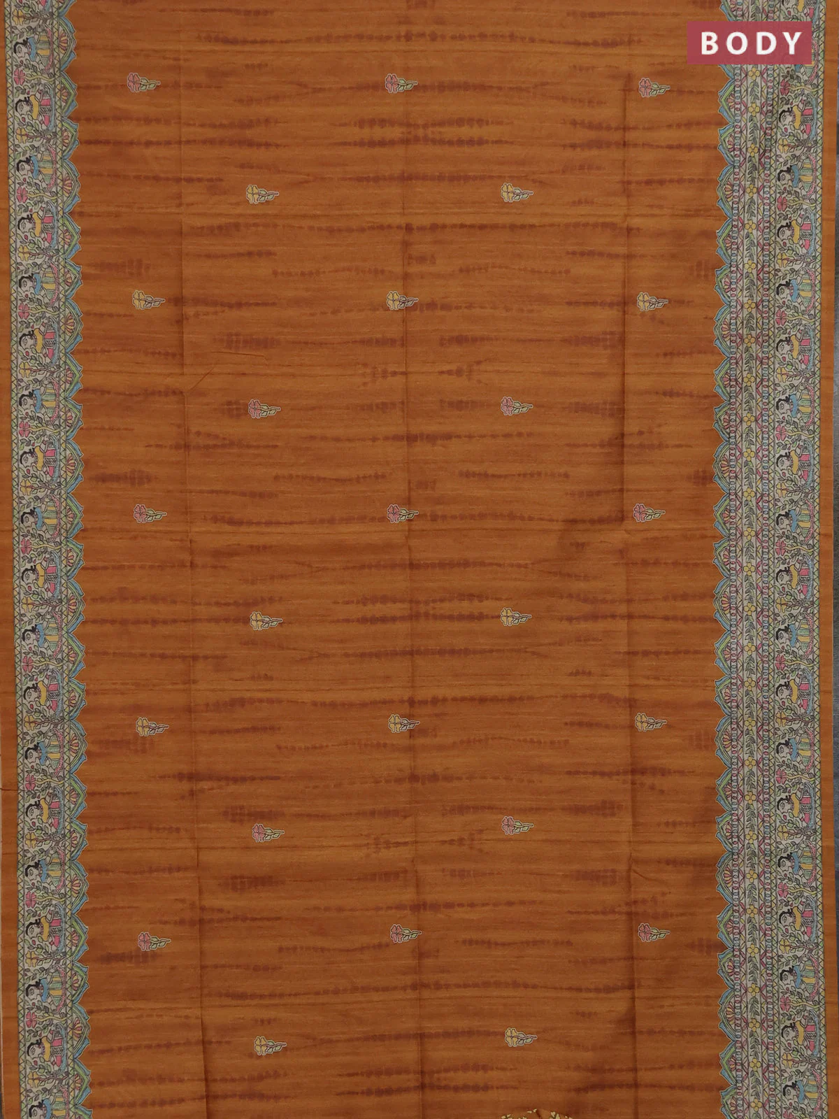 Semi tussar saree dark mustard and beige with butta prints and madhubani printed pallu & border - Image 2