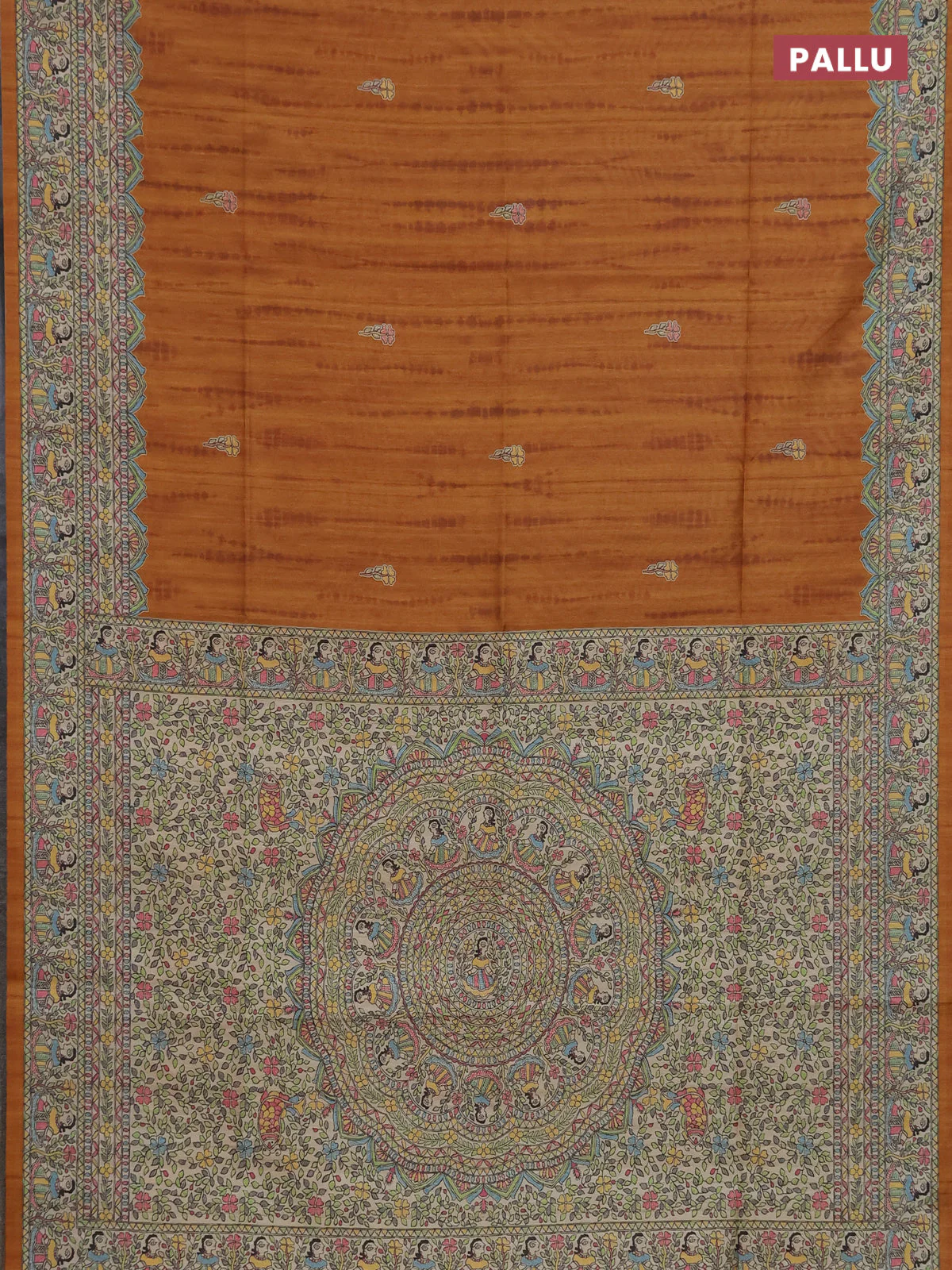 Semi tussar saree dark mustard and beige with butta prints and madhubani printed pallu & border - Image 3