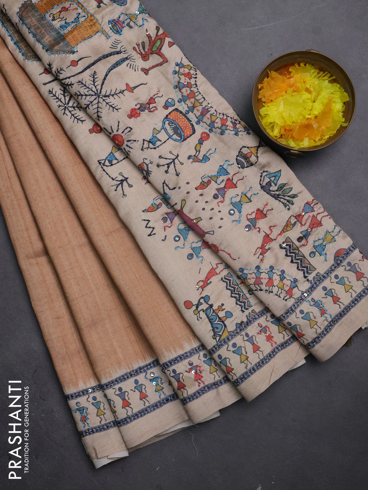 Semi tussar saree dark mustard and beige with plain body and warli prints kantha stitch work border