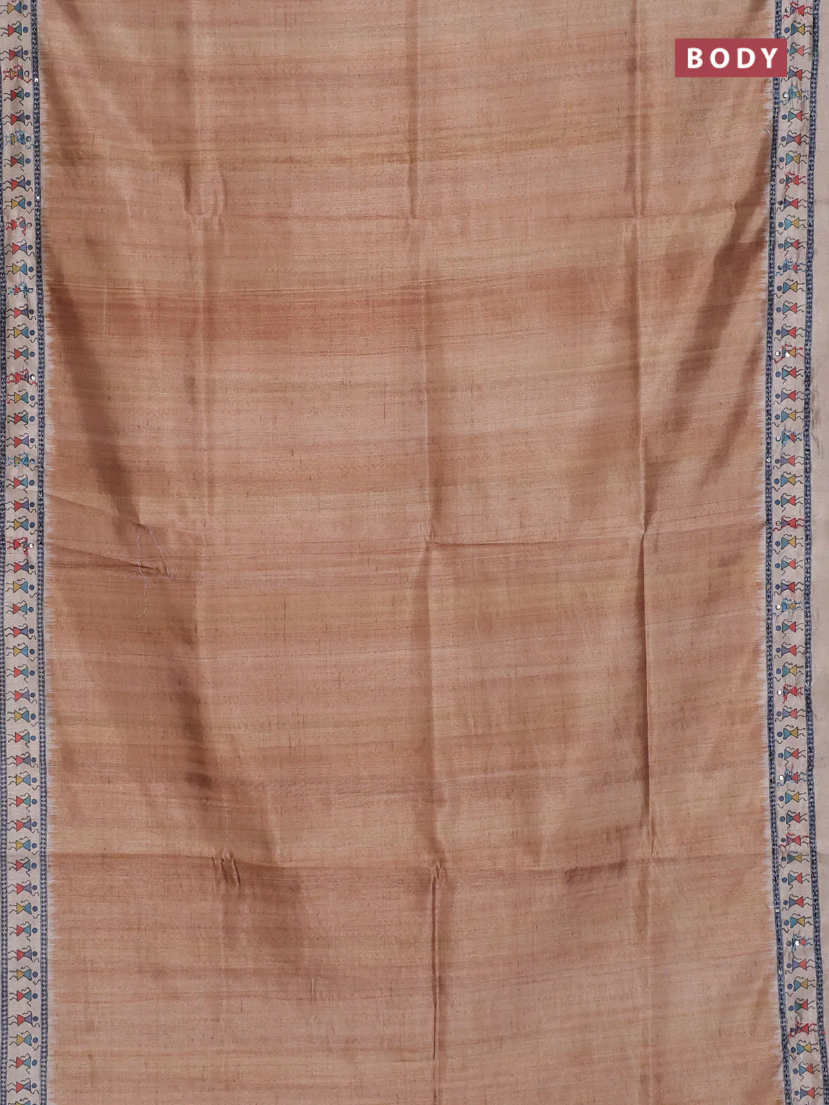 Semi tussar saree dark mustard and beige with plain body and warli prints kantha stitch work border - Image 2