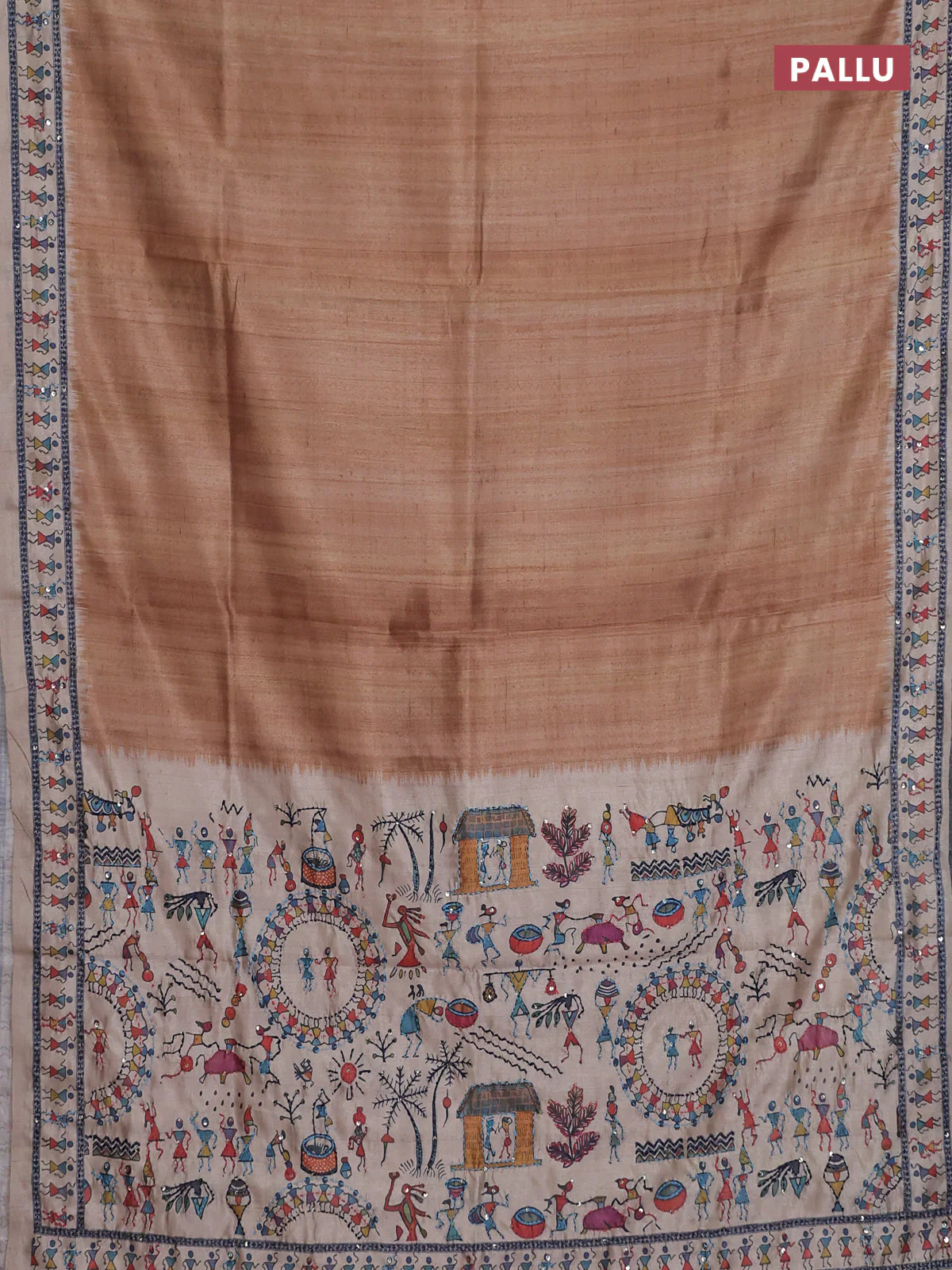 Semi tussar saree dark mustard and beige with plain body and warli prints kantha stitch work border - Image 3