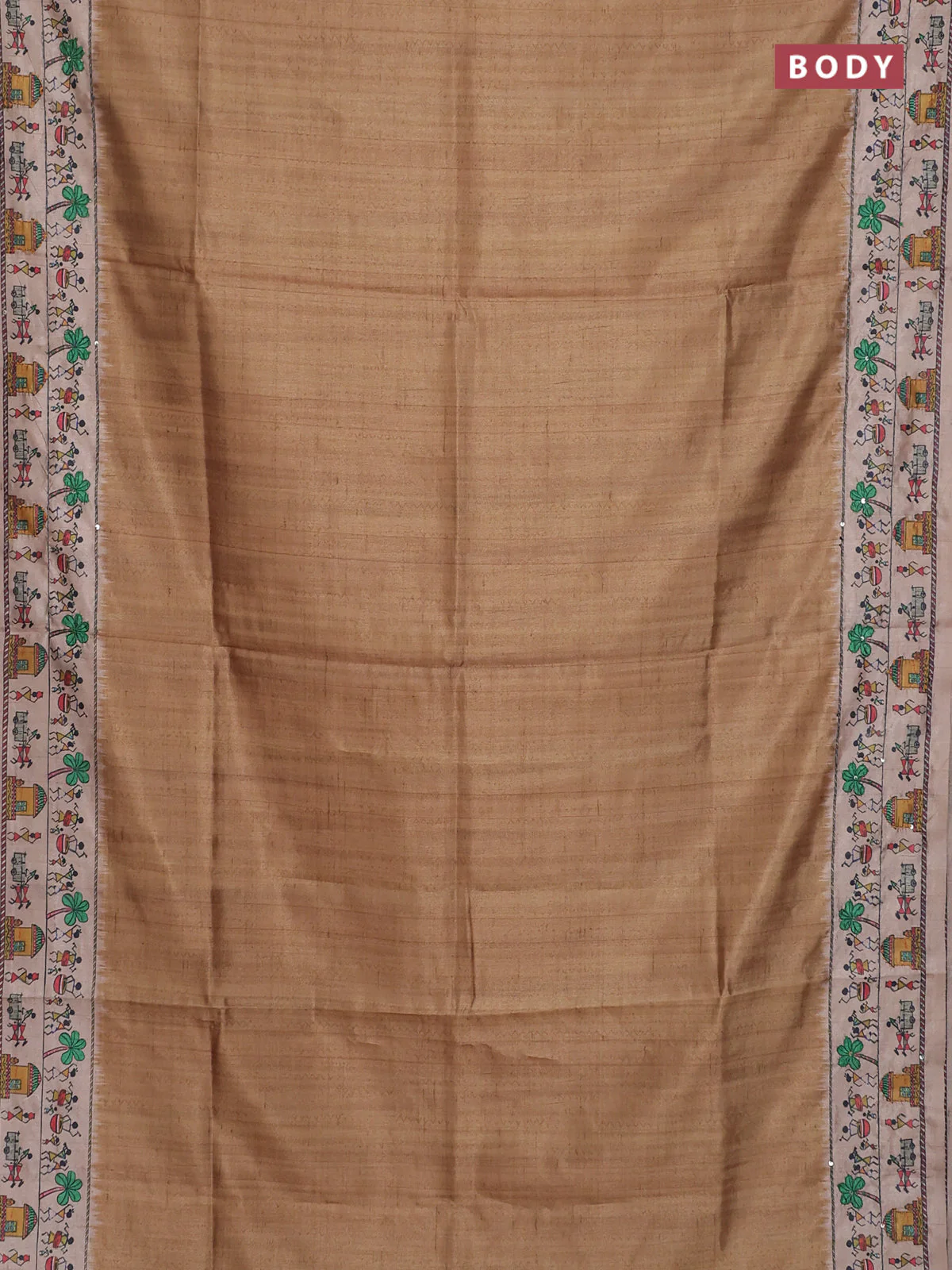 Semi tussar saree dark mustard and beige with plain body and warli prints kantha stitch work border - Image 2