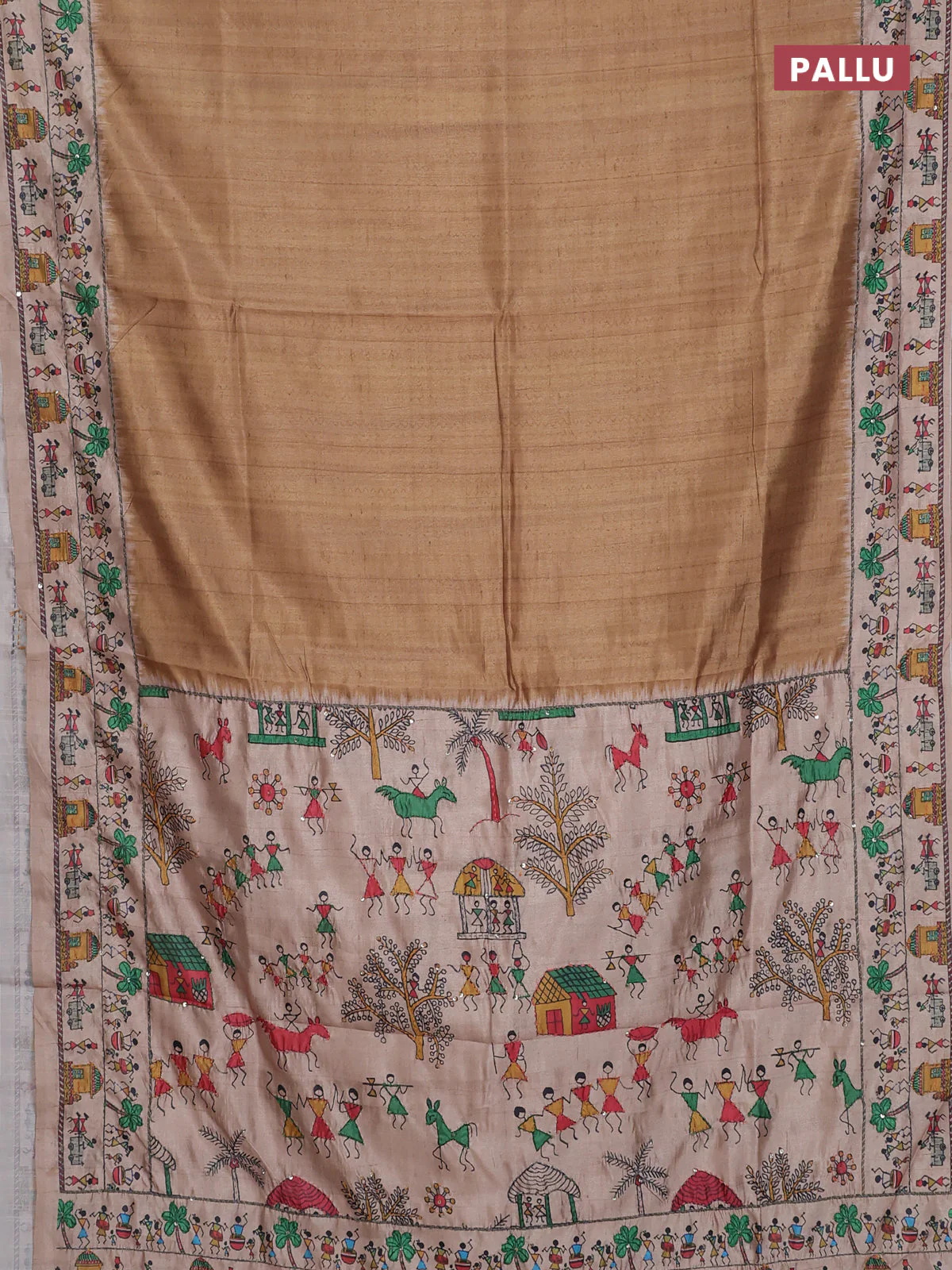 Semi tussar saree dark mustard and beige with plain body and warli prints kantha stitch work border - Image 3