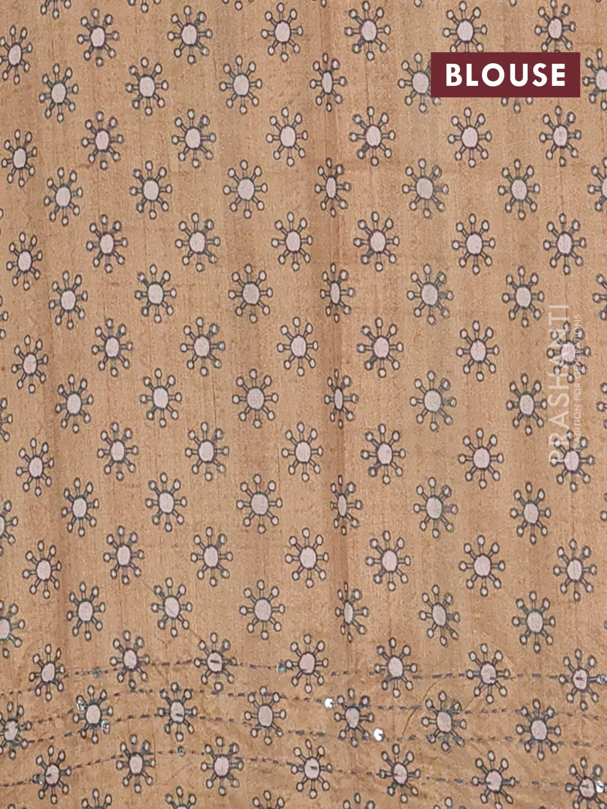 Semi tussar saree dark mustard and beige with plain body and warli prints kantha stitch work border - Image 4