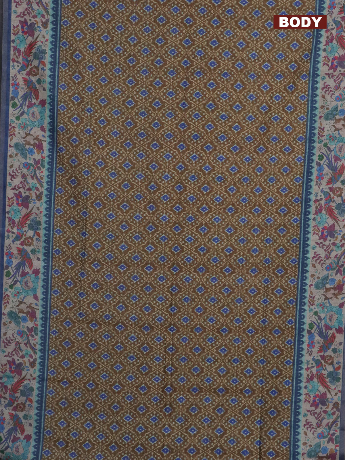 Semi tussar saree dark mustard and blue with allover ikat prints and madhubani printed zari woven border - Image 2