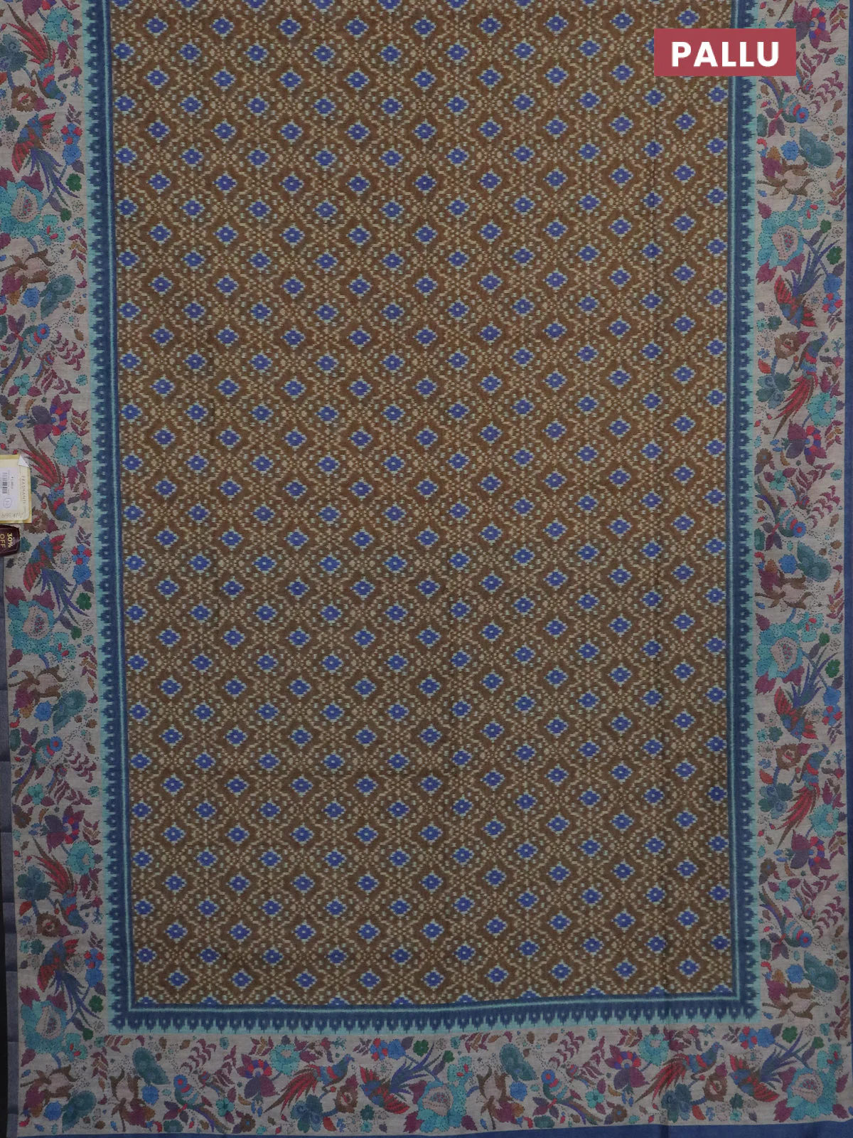 Semi tussar saree dark mustard and blue with allover ikat prints and madhubani printed zari woven border - Image 3