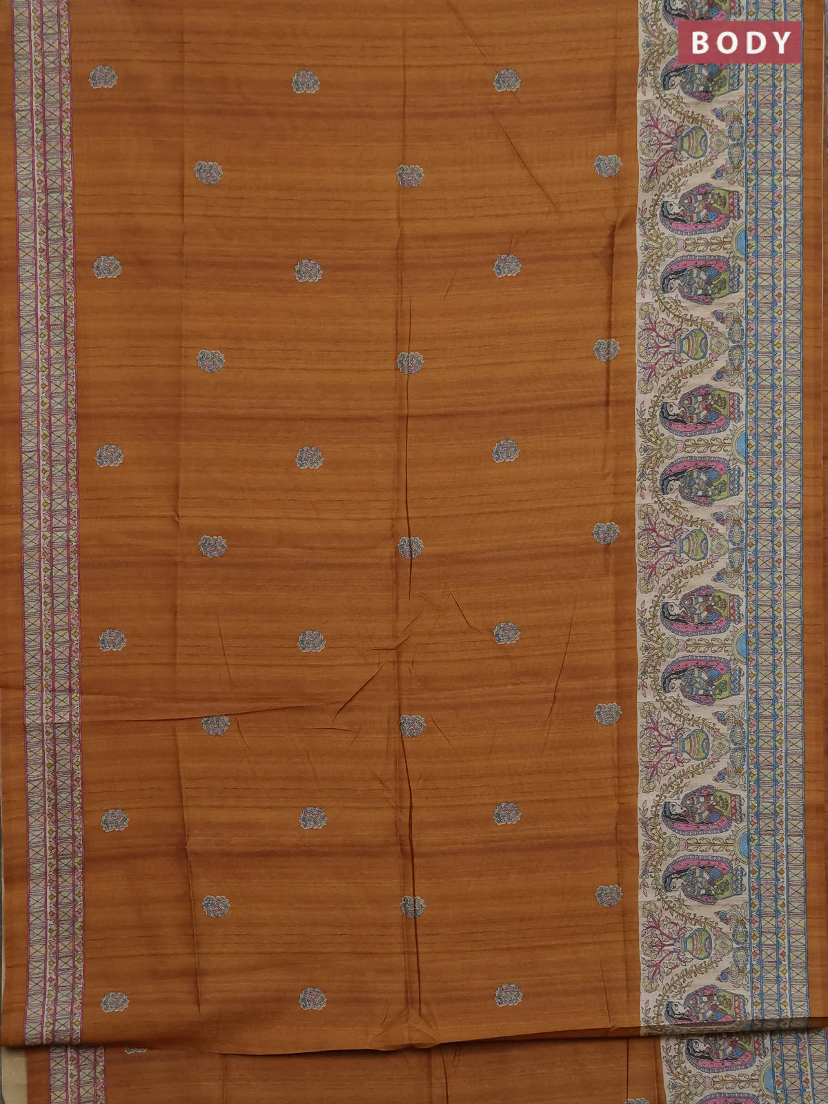 Semi tussar saree dark mustard and cream with paisley butta prints and madhubani printed pallu & border - Image 2