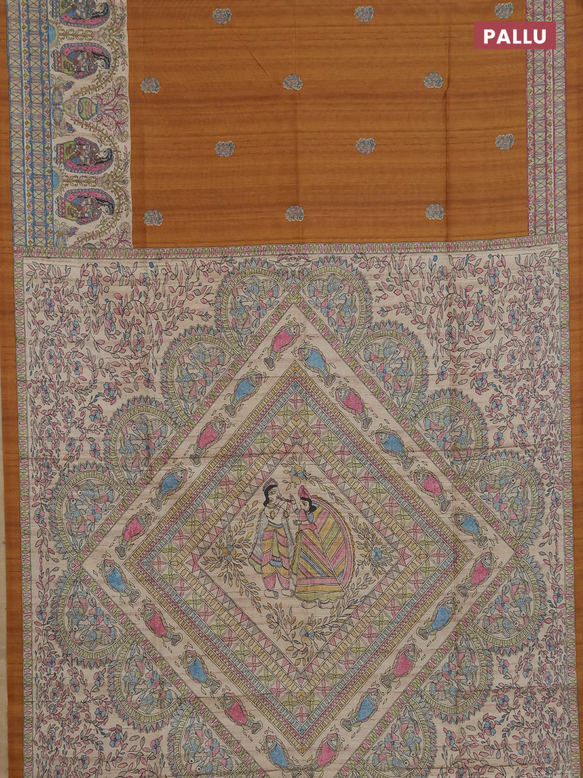 Semi tussar saree dark mustard and cream with paisley butta prints and madhubani printed pallu & border - Image 3
