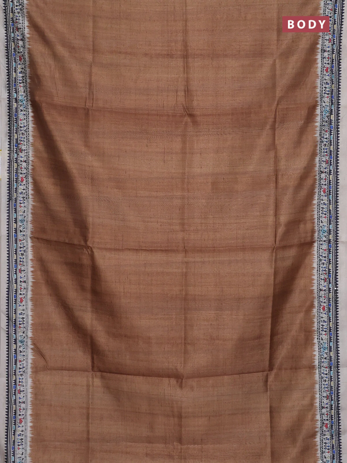 Semi tussar saree dark mustard and cream with plain body and warli prints kantha stitch work border - Image 2