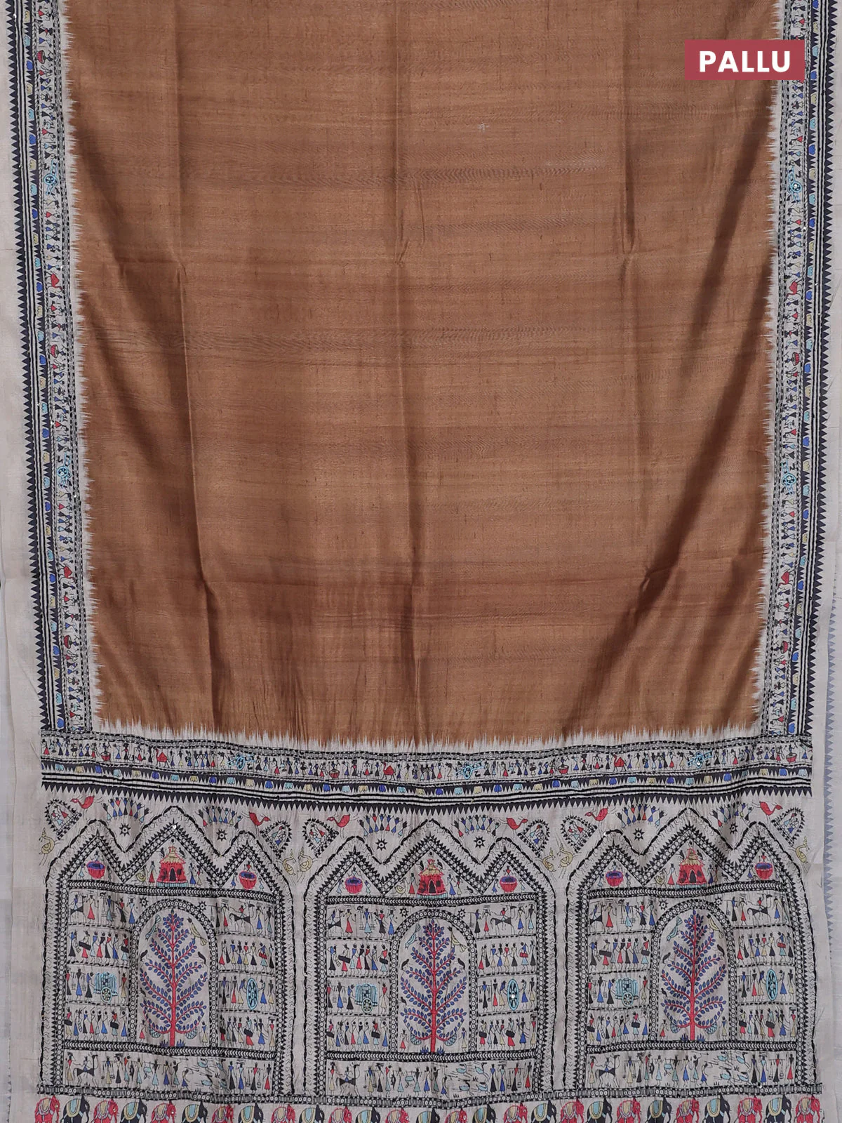 Semi tussar saree dark mustard and cream with plain body and warli prints kantha stitch work border - Image 3