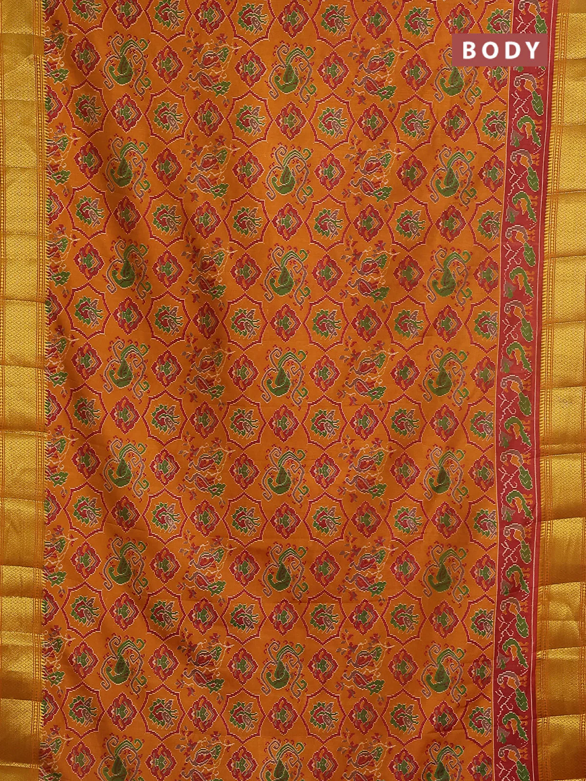 Semi tussar saree dark mustard and maroon with allover ikat prints and zari woven border - Image 2