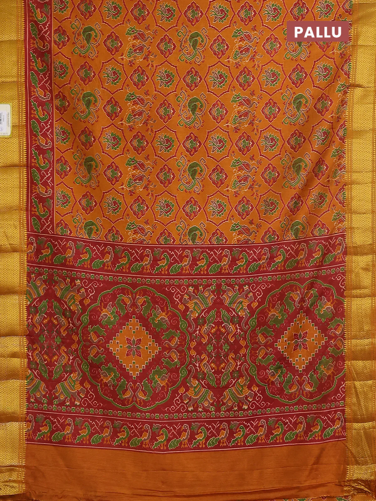 Semi tussar saree dark mustard and maroon with allover ikat prints and zari woven border - Image 3