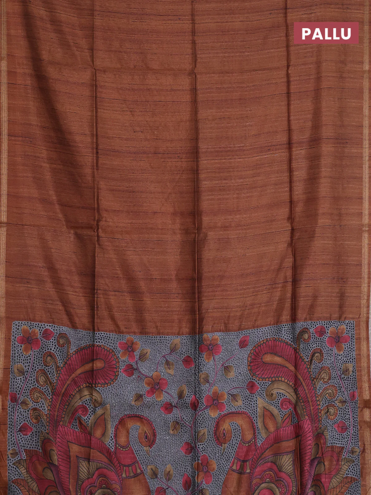 Semi tussar saree dark mustard with plain body and kalamkari prints & cut work pallu - Image 3