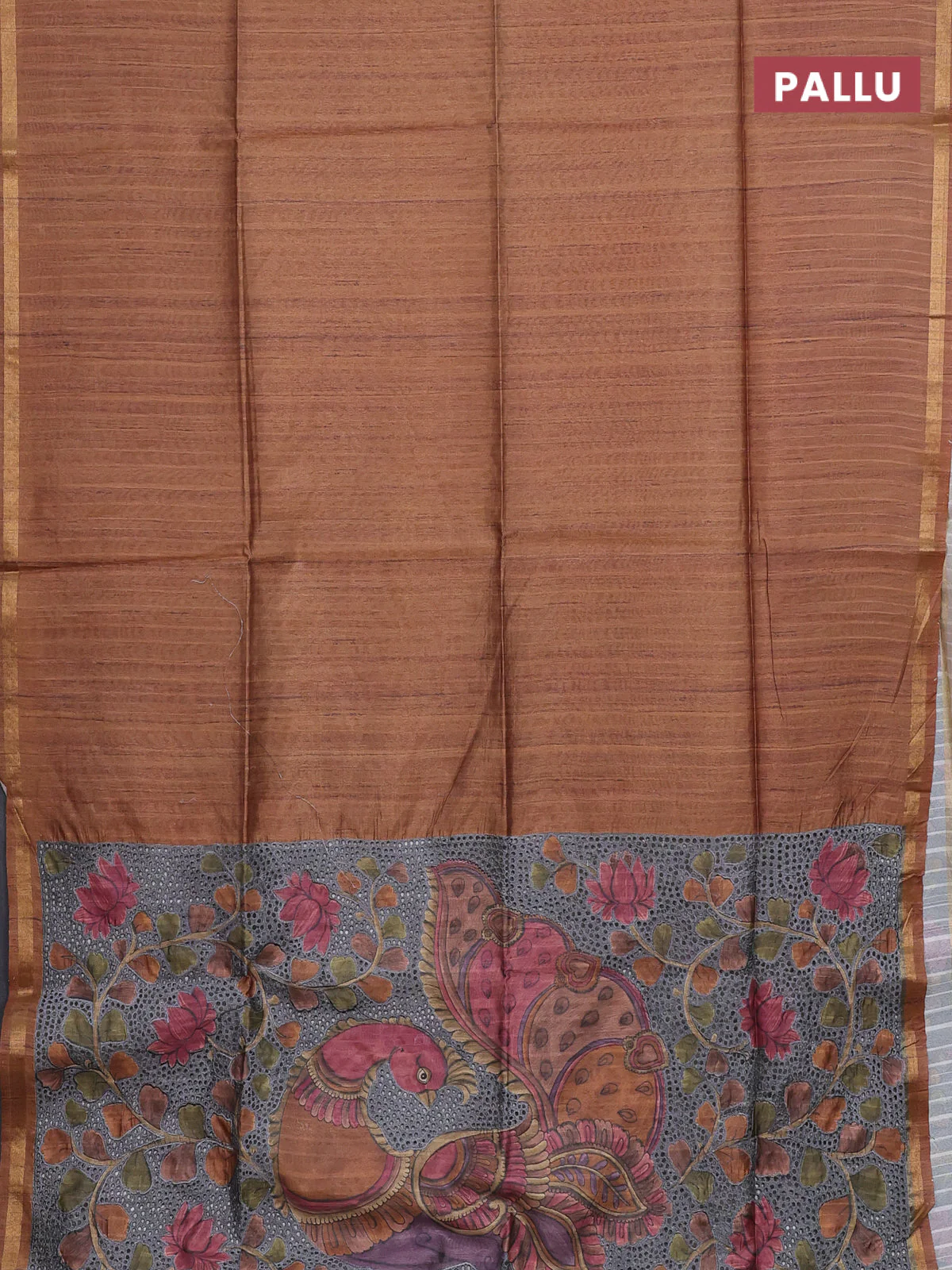 Semi tussar saree dark mustard with plain body and kalamkari prints & cut work pallu - Image 3